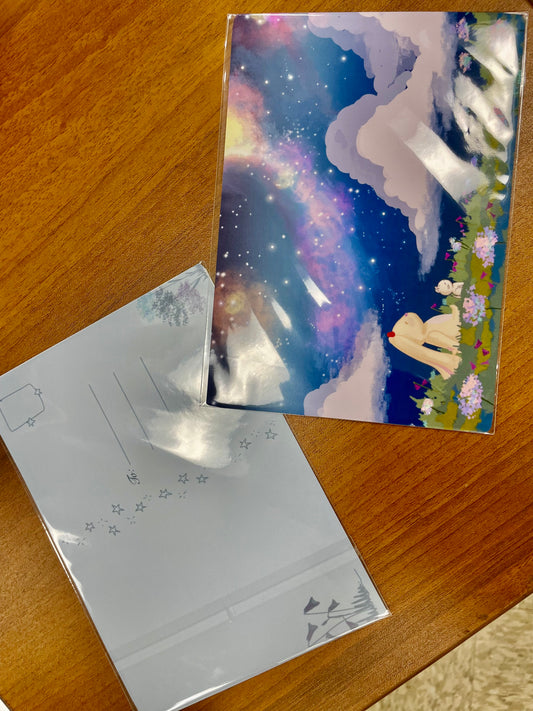 Stargazing Bunny Art Print - 5x7 Cute Postcard Mini Print, Magical Night Sky Galaxy Illustration, Whimsical Cosmic Rabbit Decor, Cottagecore Aesthetic Stationery Gift
