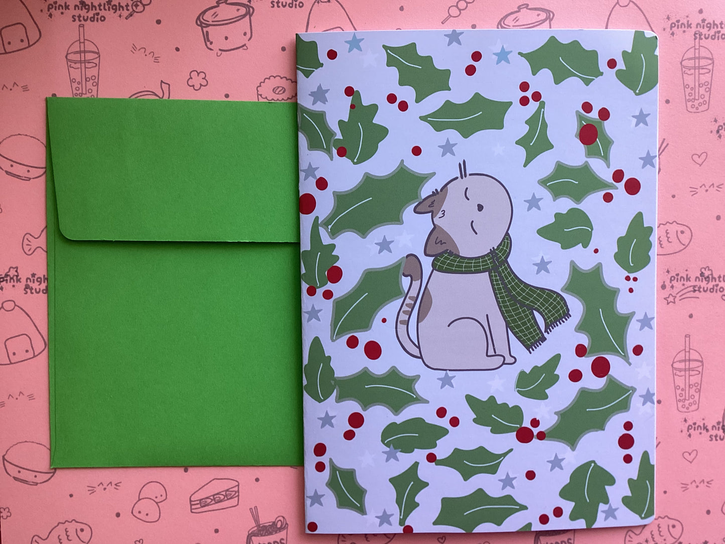 Ishi Cat Holiday Greeting Card, Christmas Holly 5x7 pack of 5