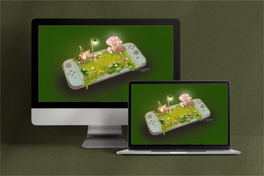 Cozy Gaming Oasis — Hand-Illustrated Nintendo Switch Digital Desktop Wallpaper Pack - Pink Nightlight Studio