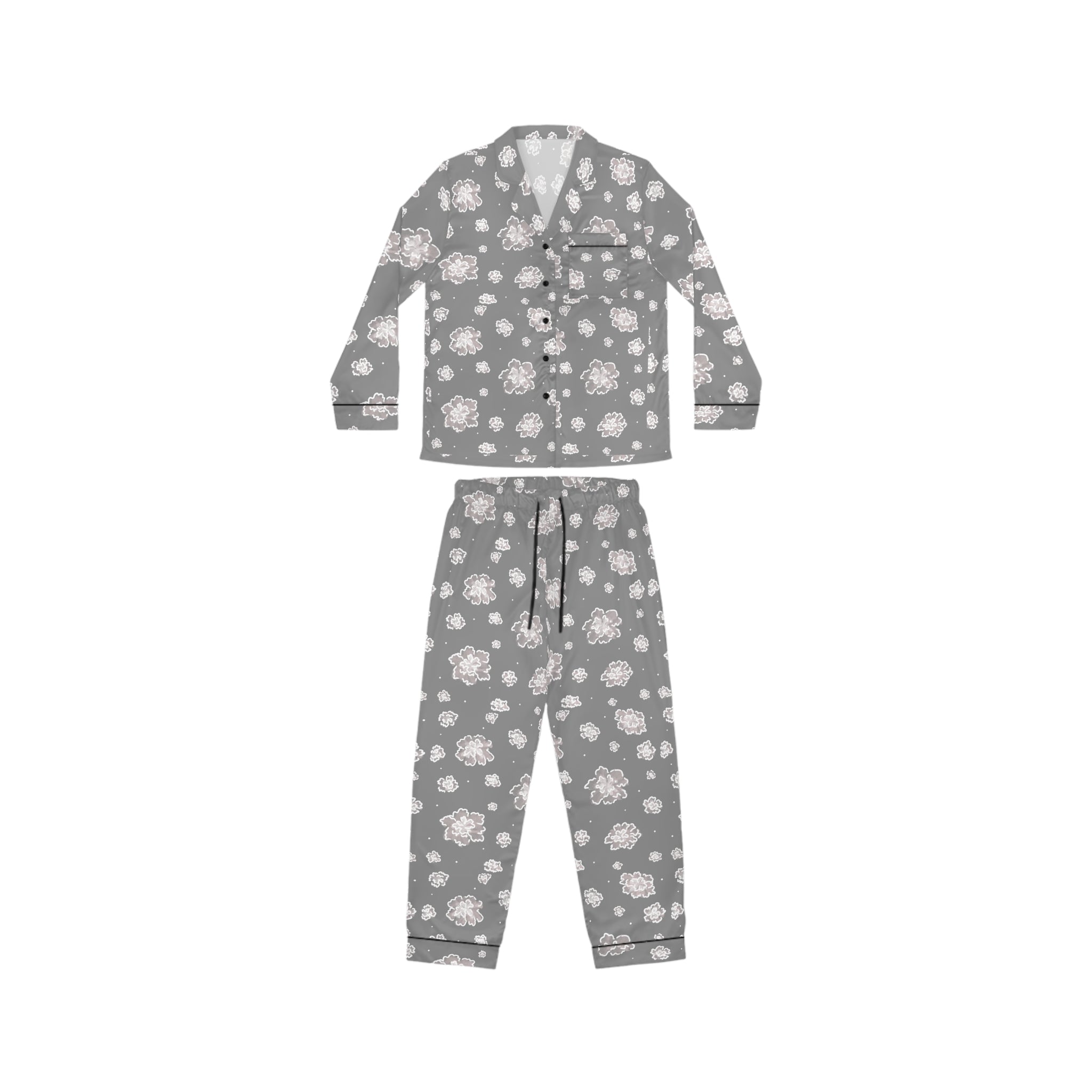 Women's Satin Pajamas — Grey Floral Satin Sleep Set