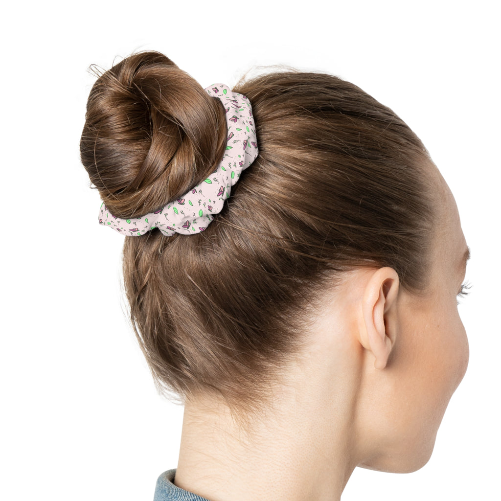 Tulip Petal Scrunchie — Pastel Pink Tulips & Leaf Hair Tie