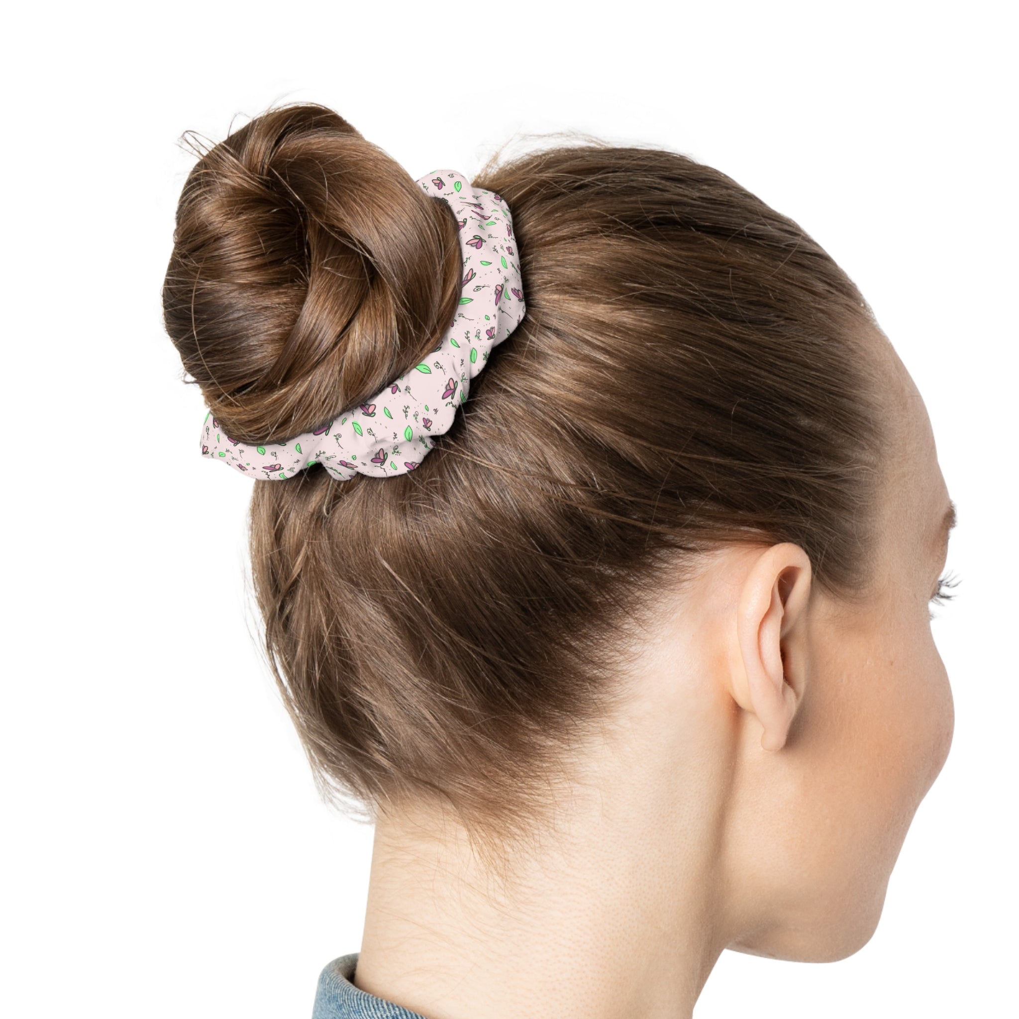 Tulip Petal Scrunchie — Pastel Pink Tulips & Leaf Hair Tie