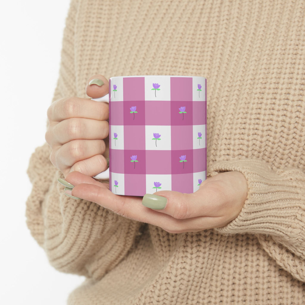 Pink Gingham FloralTulip Ceramic Mug (11oz & 15oz) - Cute Tulip Pattern