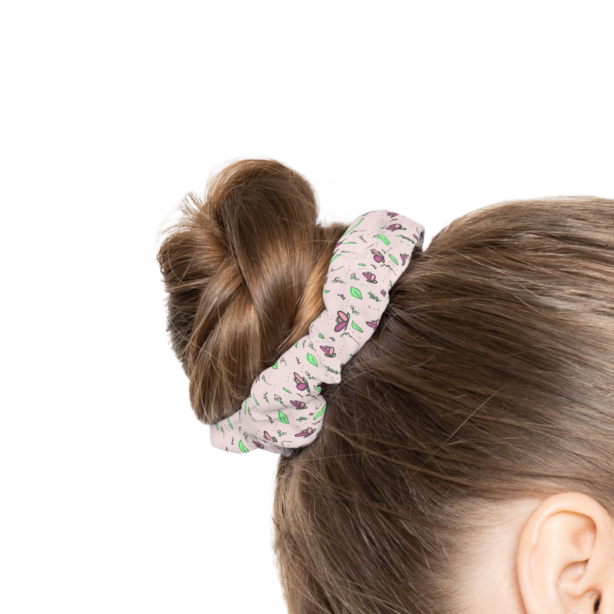 Tulip Petal Scrunchie — Pastel Pink Tulips & Leaf Hair Tie