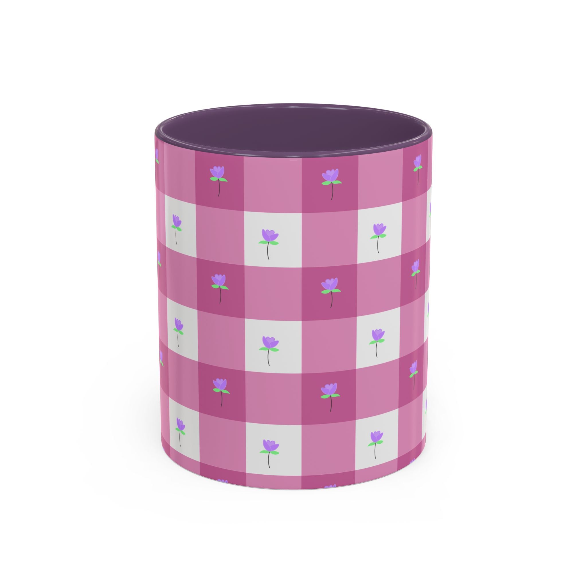 Pink Gingham Floral Tulip Accent Coffee Mug — Cute Purple Rose Pattern (11/15oz)
