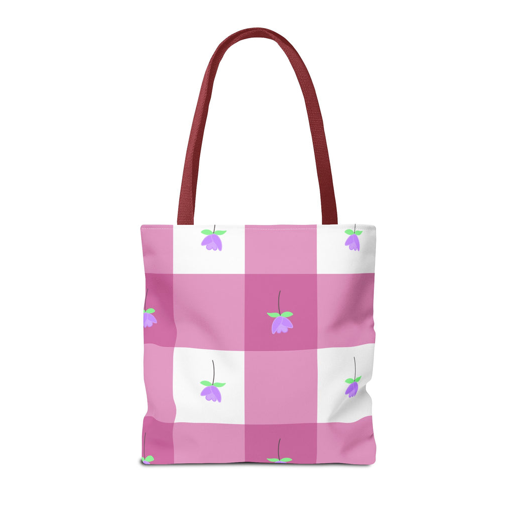Pink Gingham Tulip Floral Tote Bag — Cute Checkered All-Over Print Tote