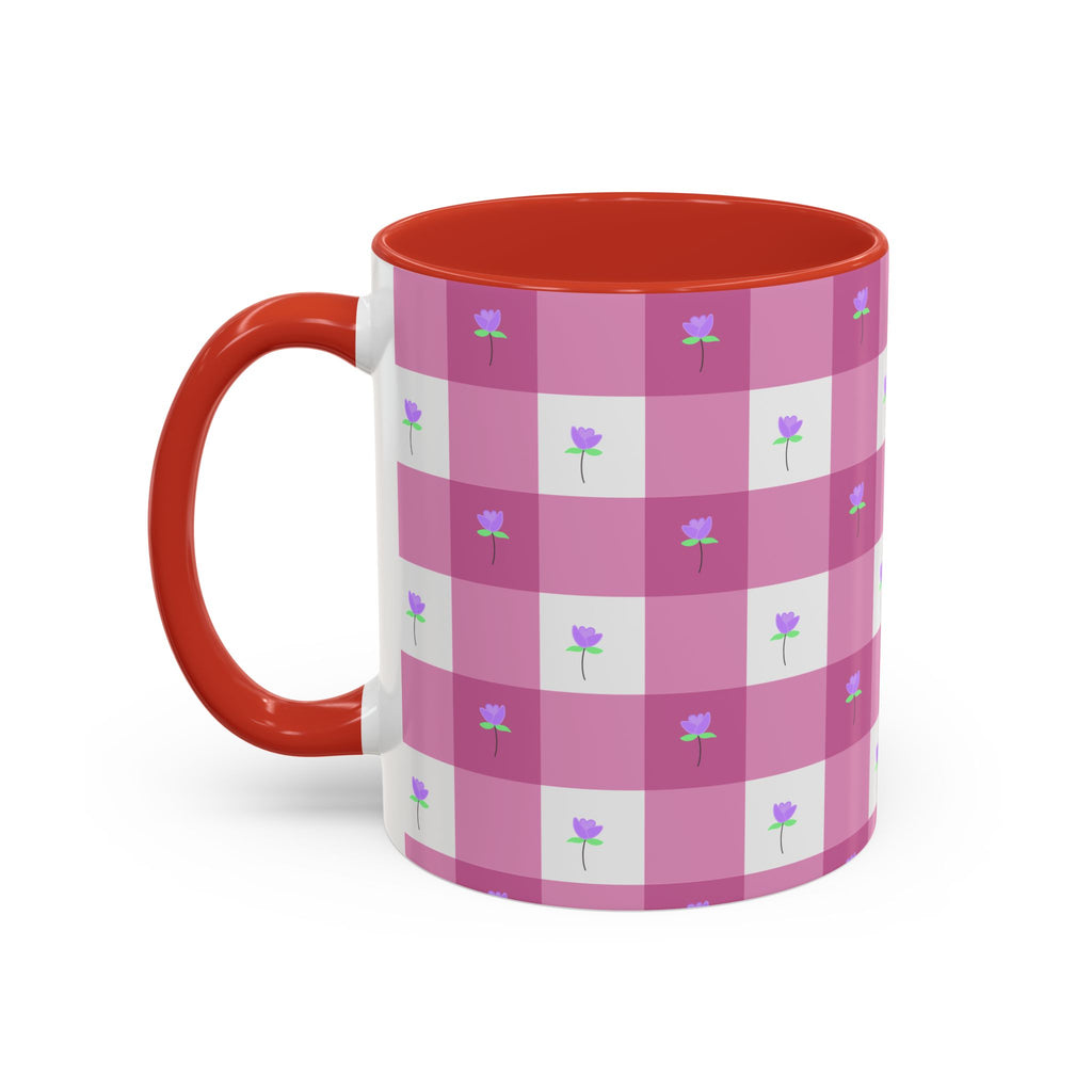 Pink Gingham Floral Tulip Accent Coffee Mug — Cute Purple Rose Pattern (11/15oz)