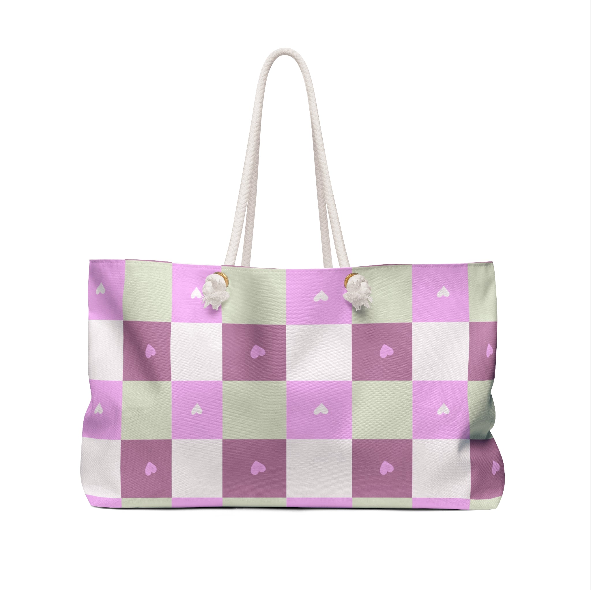 Pastel Heart Check Weekender Bag — Pink & Mint Travel Tote