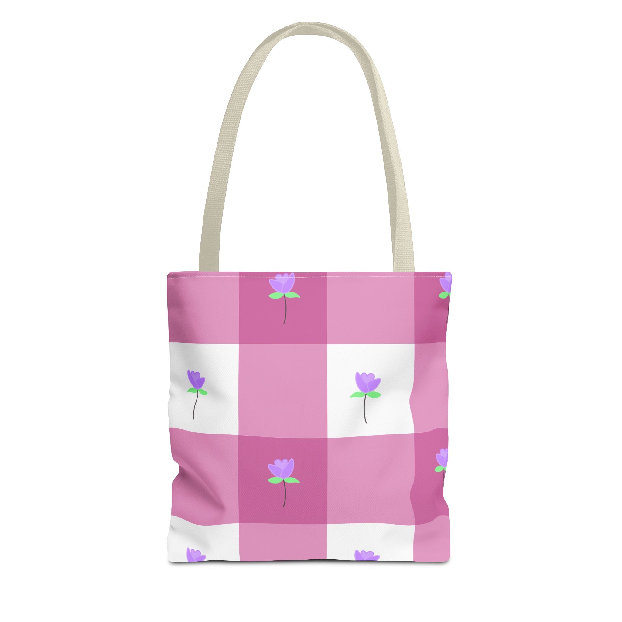 Pink Gingham Tulip Floral Tote Bag — Cute Checkered All-Over Print Tote