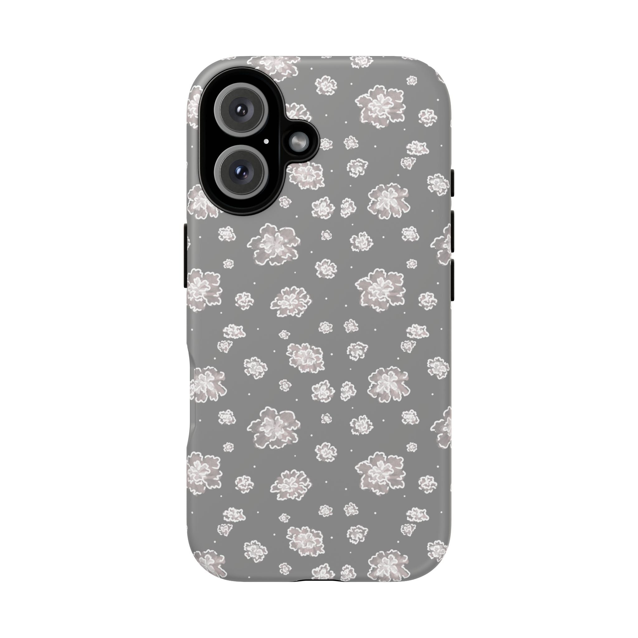 Floral Grey Tough Phone Case – Protective Slim Case with White Blossom Pattern