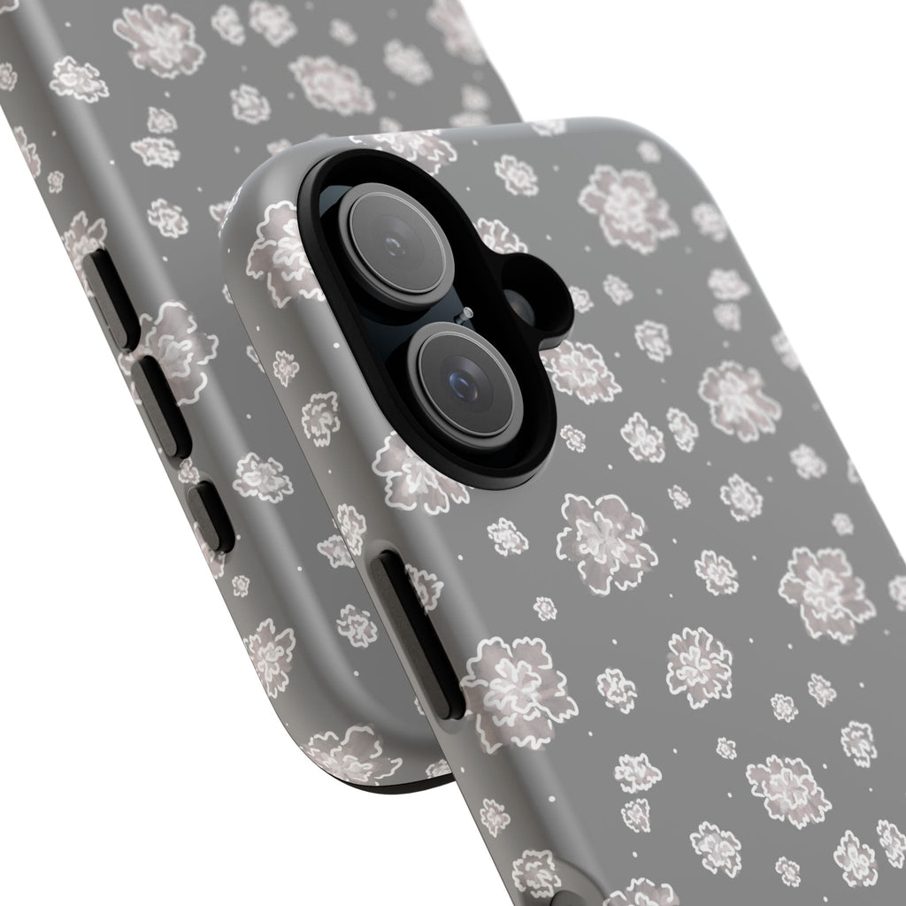 Floral Grey Tough Phone Case – Protective Slim Case with White Blossom Pattern