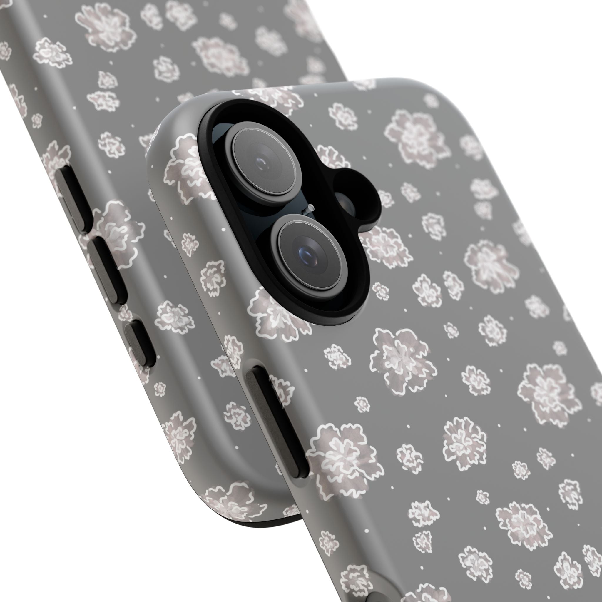 Floral Grey Tough Phone Case – Protective Slim Case with White Blossom Pattern