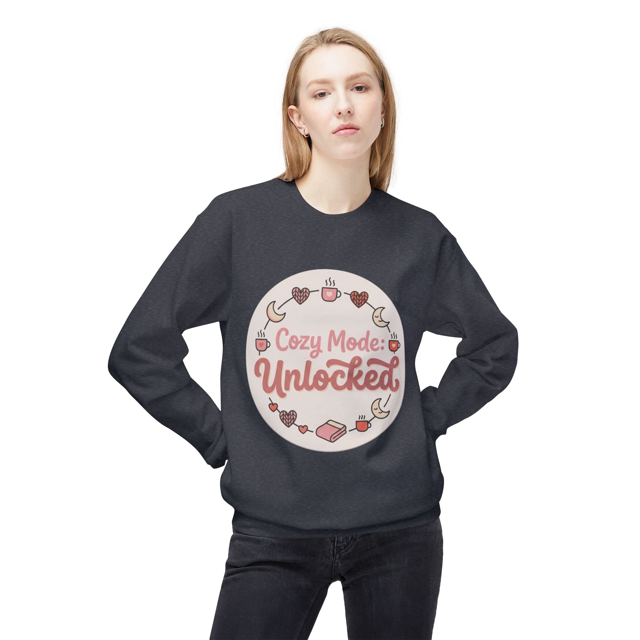 Crewneck Sweatshirt — "Cozy Mode: Unlocked" Cute Pastel Lounge Pullover