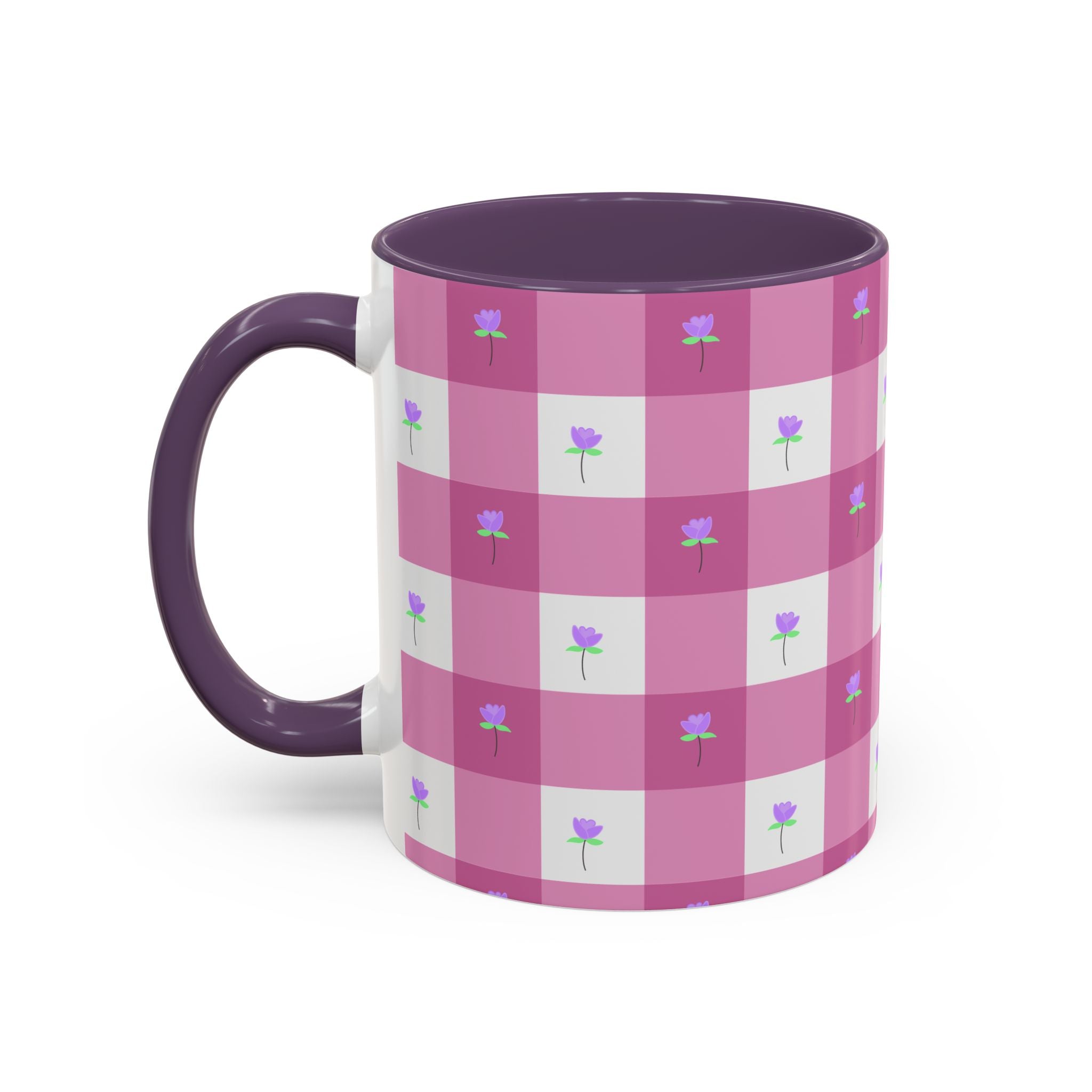 Pink Gingham Floral Tulip Accent Coffee Mug — Cute Purple Rose Pattern (11/15oz)
