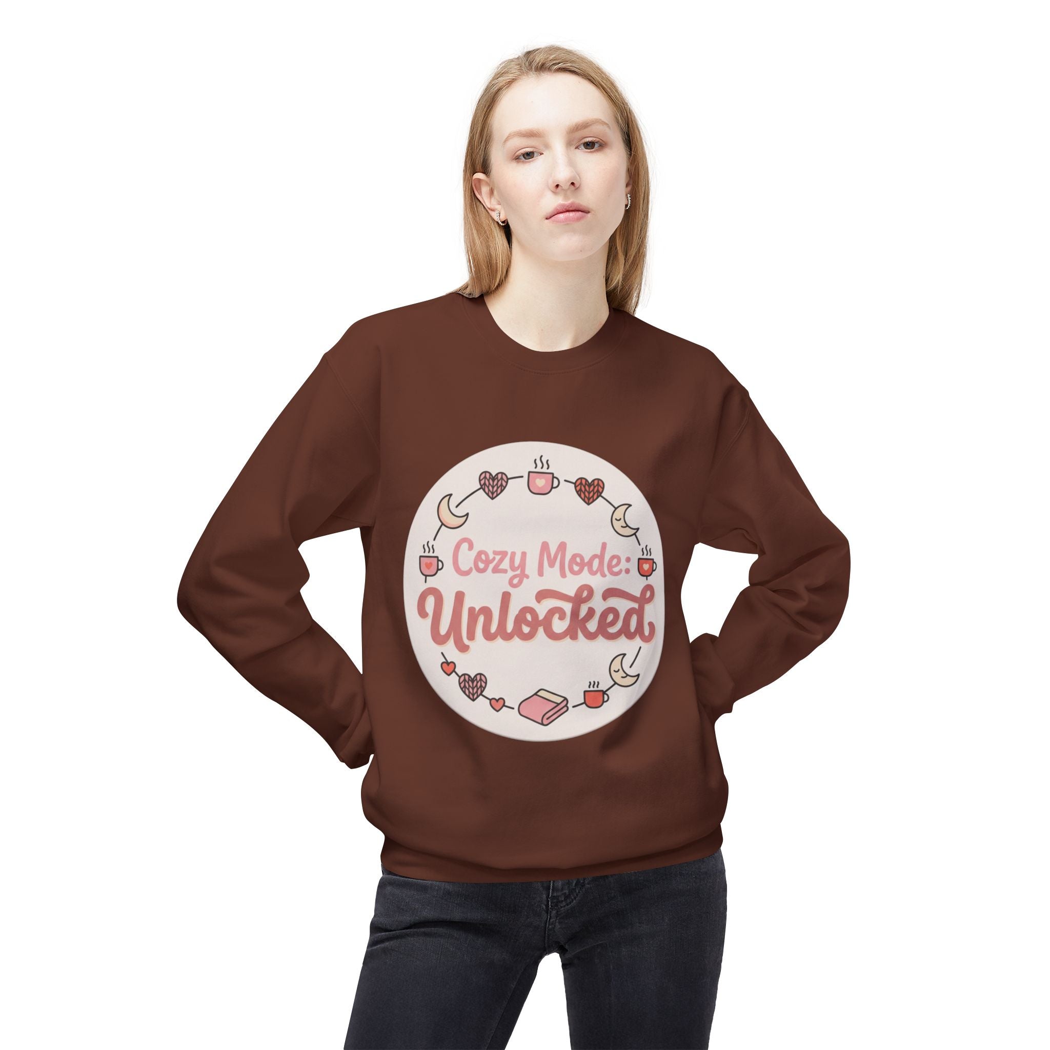 Crewneck Sweatshirt — "Cozy Mode: Unlocked" Cute Pastel Lounge Pullover