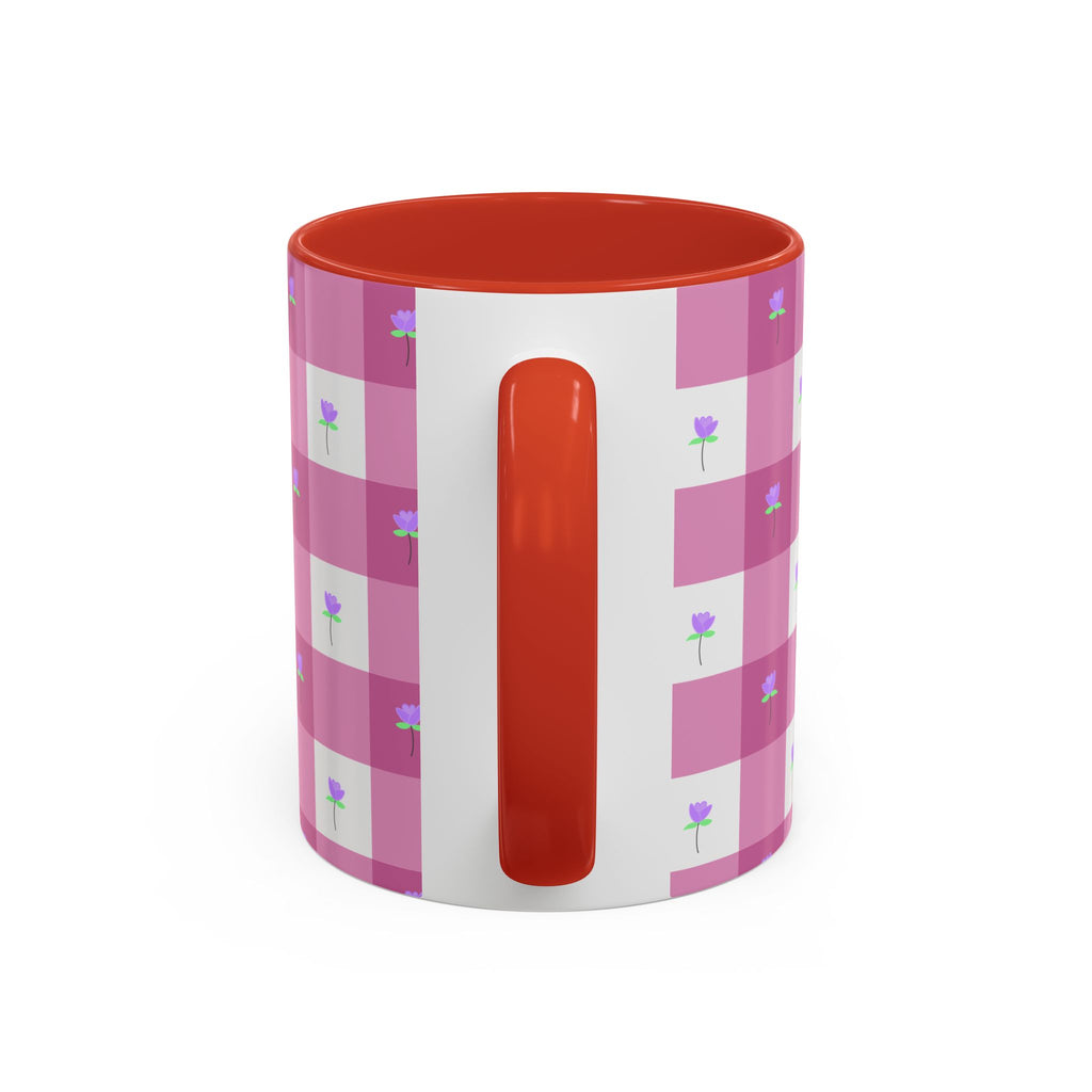 Pink Gingham Floral Tulip Accent Coffee Mug — Cute Purple Rose Pattern (11/15oz)