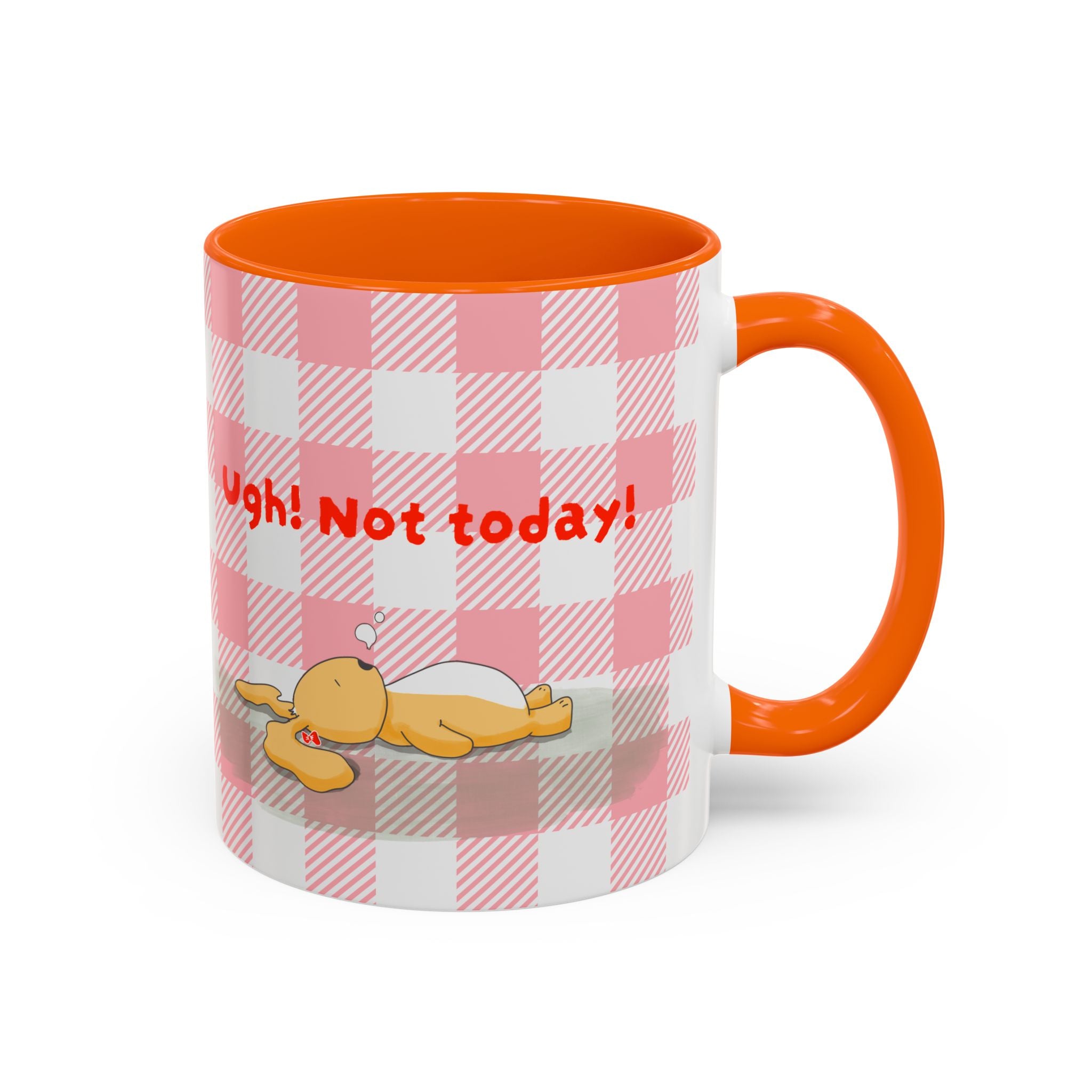 Coffee Mug — "Ugh! Not Today" Cute Lazy Bonnie Pink Check Plaid Accent Mug (11/15oz)