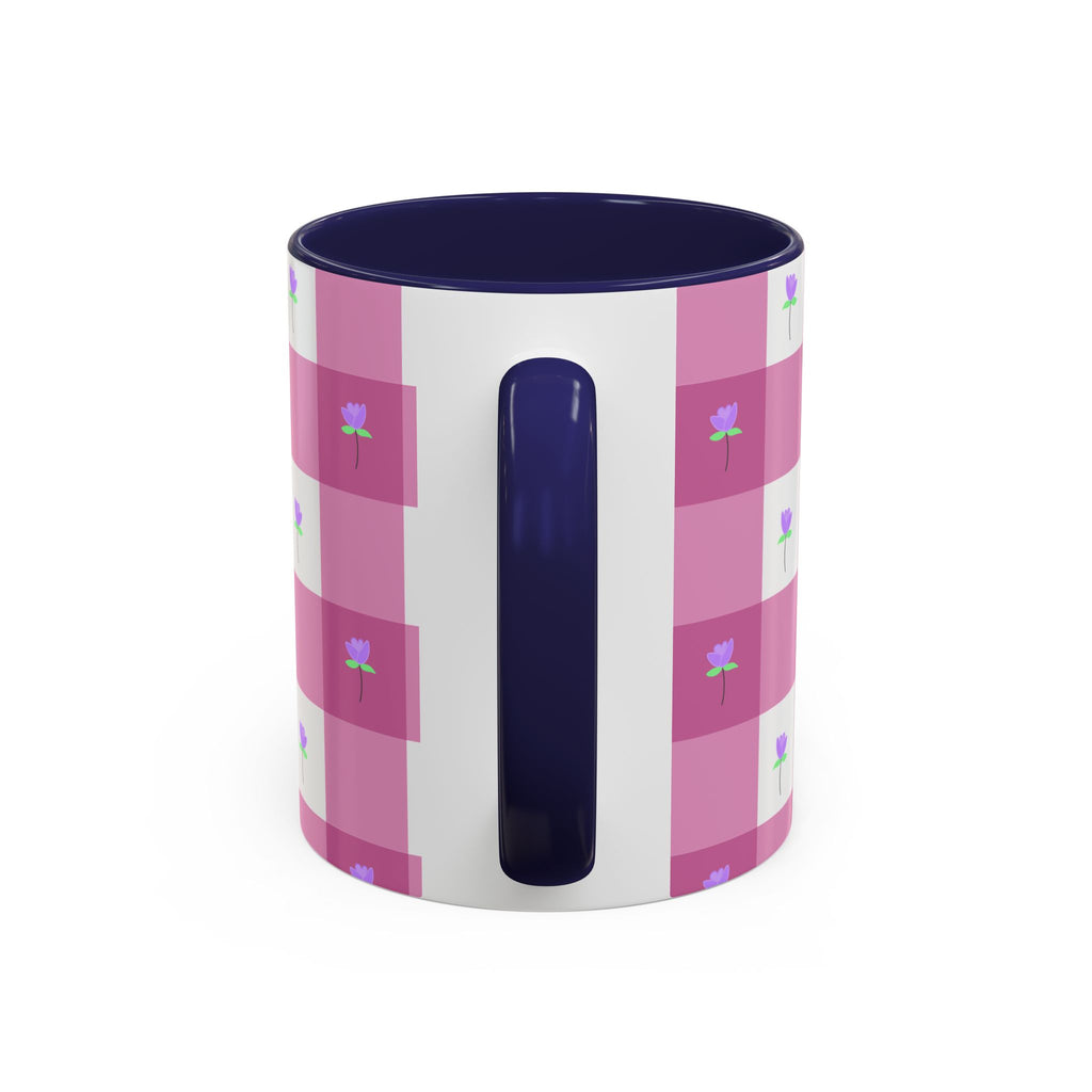 Pink Gingham Tulip Heart Floral Accent Coffee Mug – Cute Purple Rose Pattern (11/15 oz)