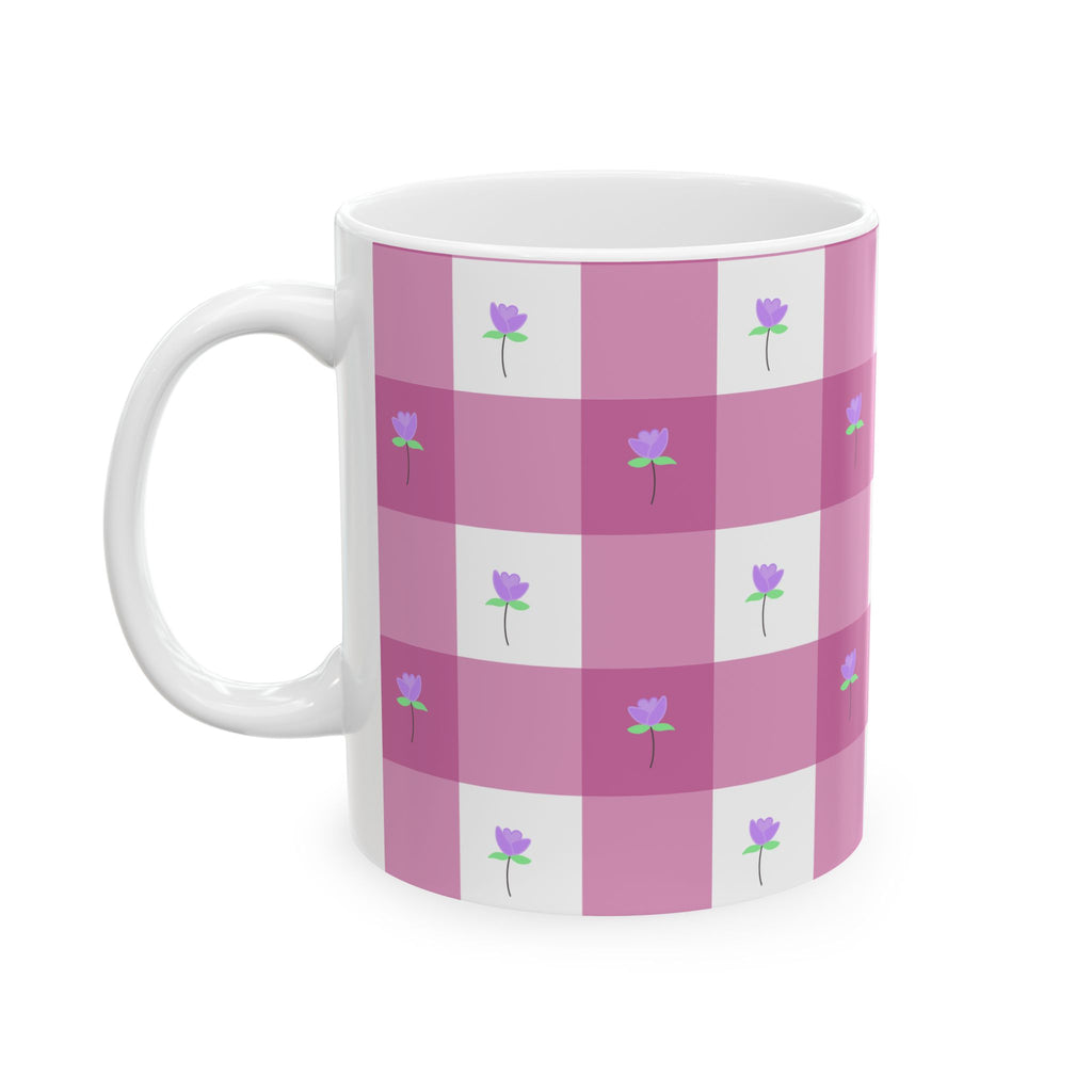 Pink Gingham FloralTulip Ceramic Mug (11oz & 15oz) - Cute Tulip Pattern