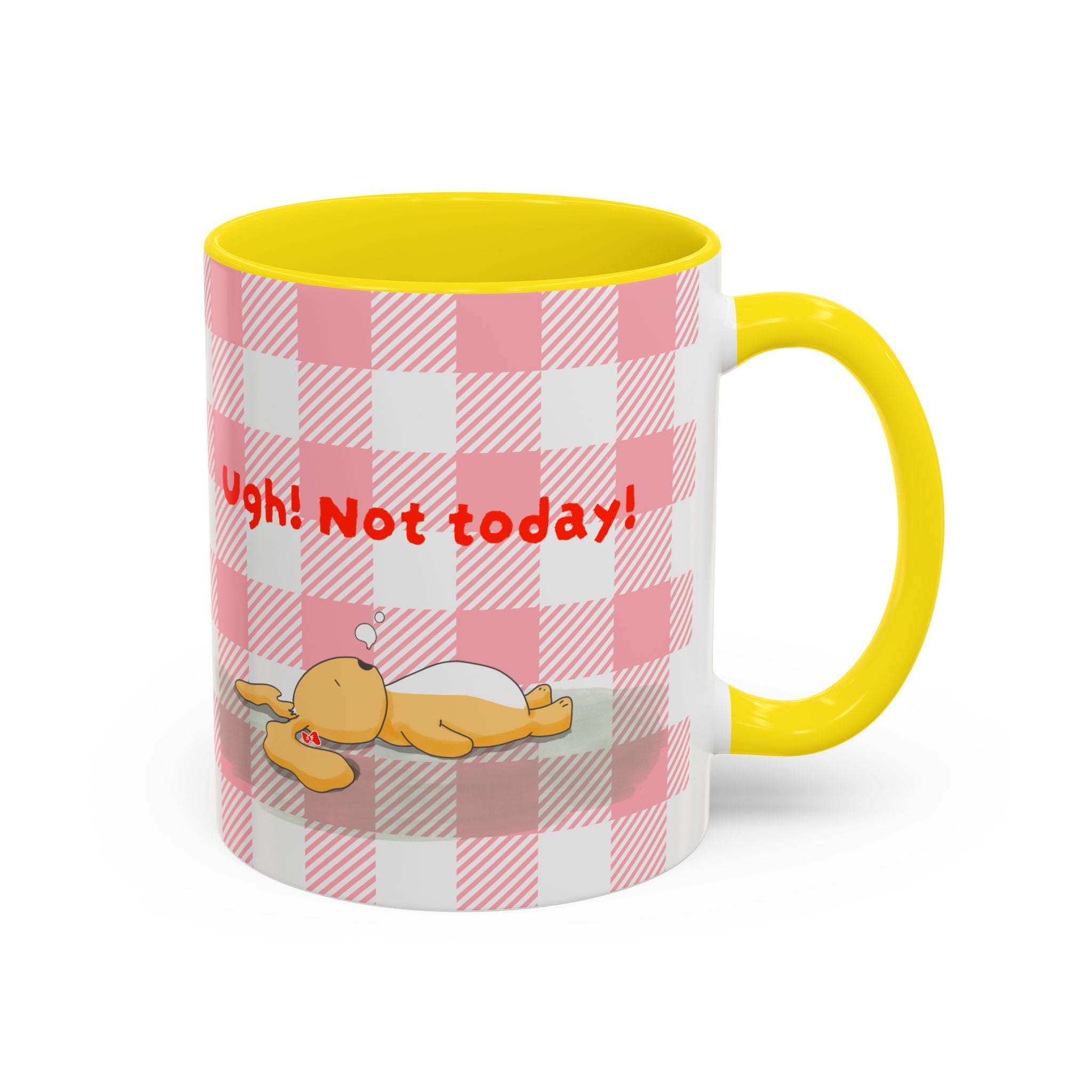 Coffee Mug — "Ugh! Not Today" Cute Lazy Bonnie Pink Check Plaid Accent Mug (11/15oz)