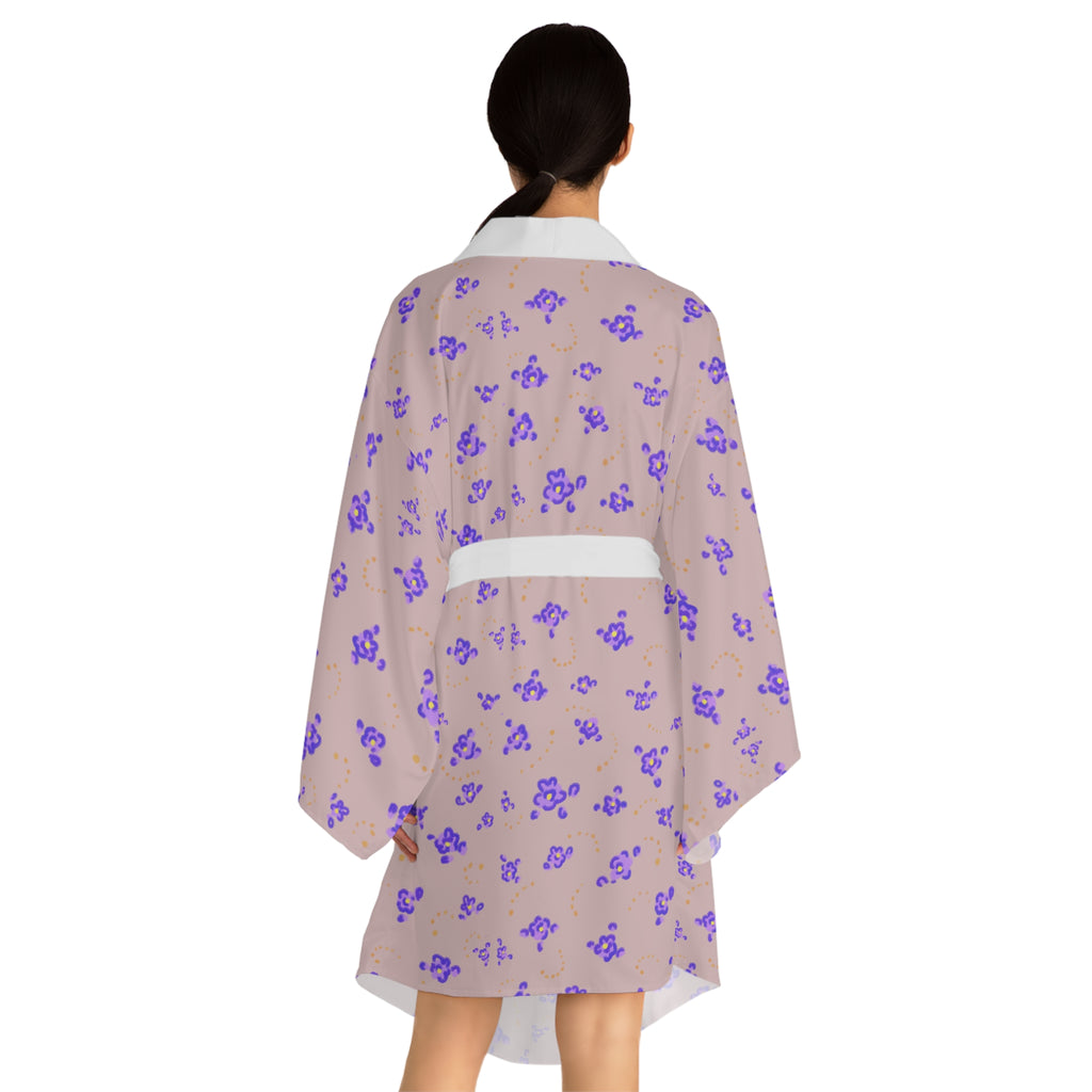 Purple Floral Kimono Robe — Pastel Purple Blossom Long Sleeve Wrap
