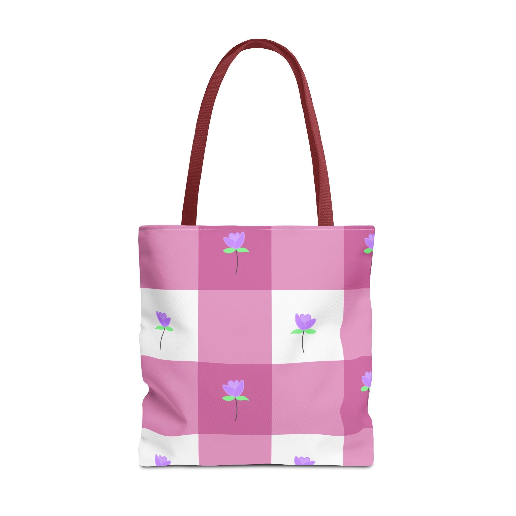 Pink Gingham Tulip Floral Tote Bag — Cute Checkered All-Over Print Tote