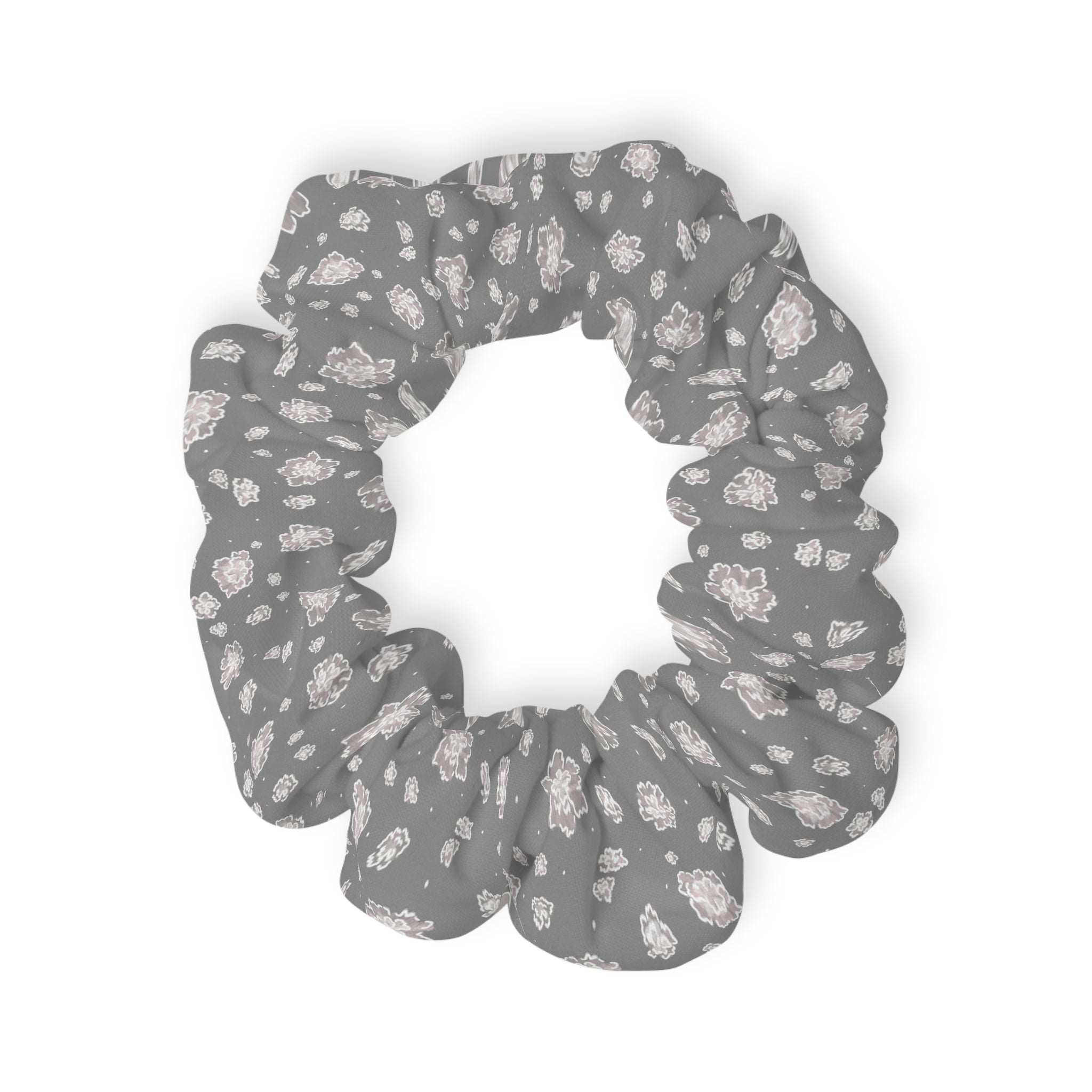 Floral Gray Scrunchie — Soft Rose Pattern Hair Tie for Everyday Wear
