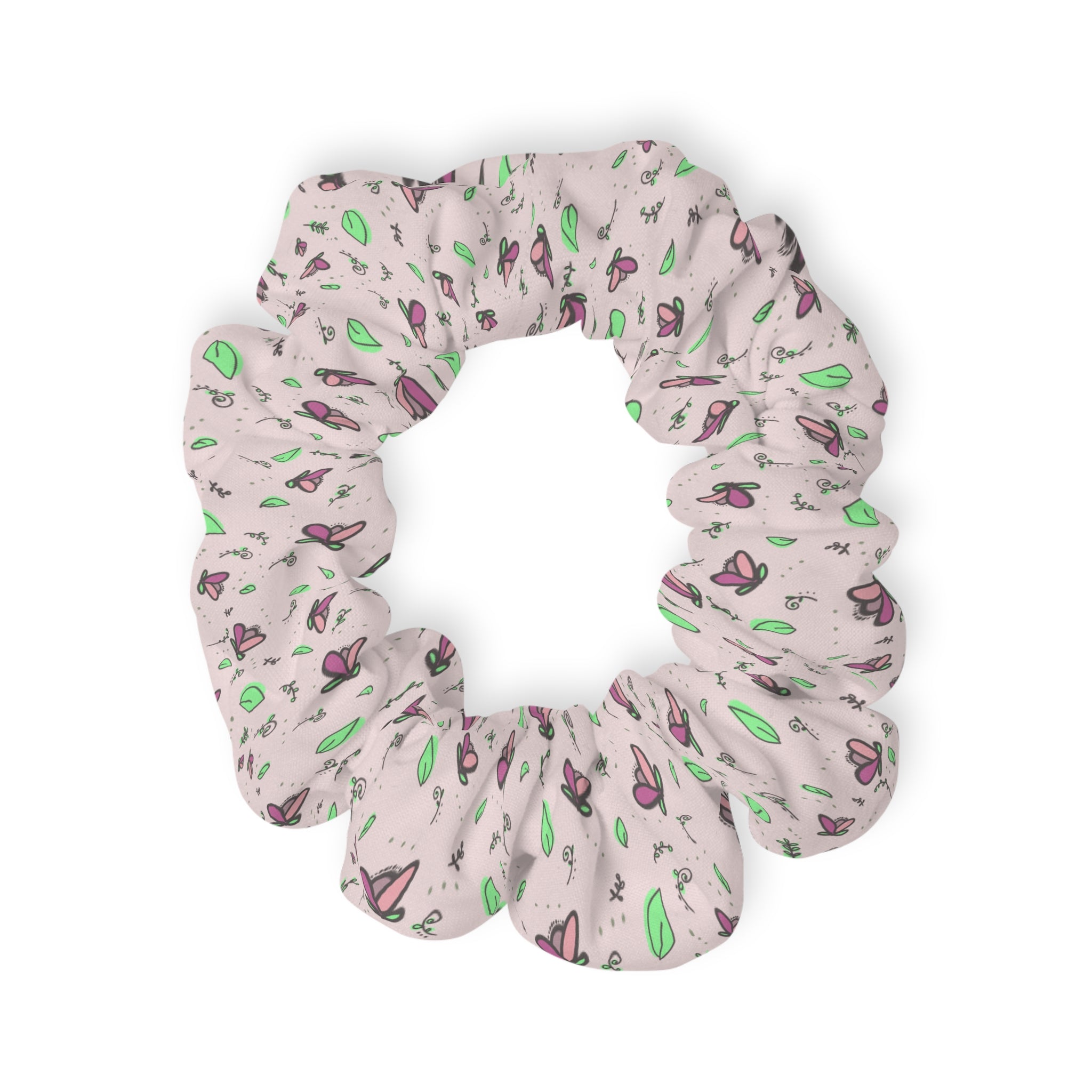 Tulip Petal Scrunchie — Pastel Pink Tulips & Leaf Hair Tie