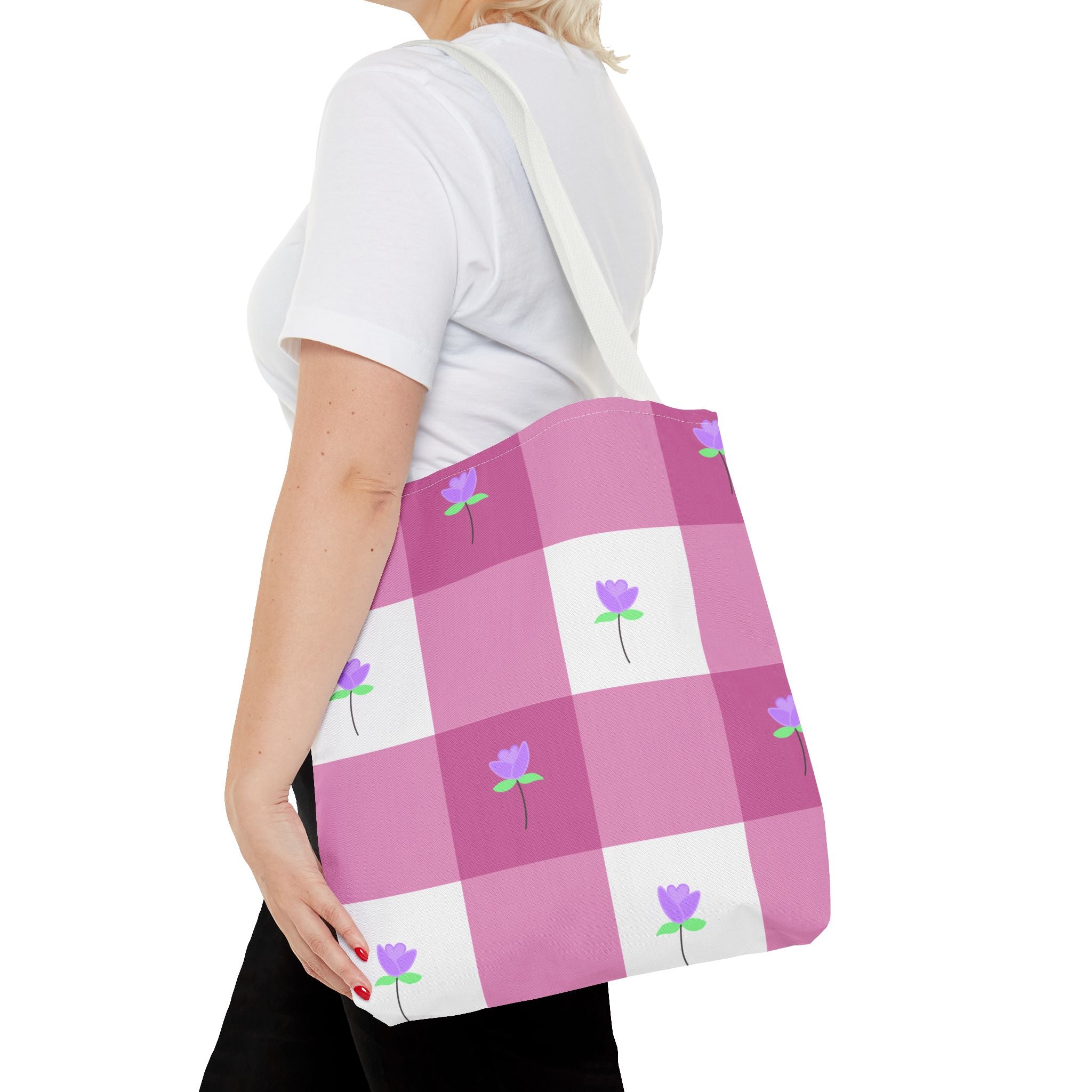 Pink Gingham Tulip Floral Tote Bag — Cute Checkered All-Over Print Tote