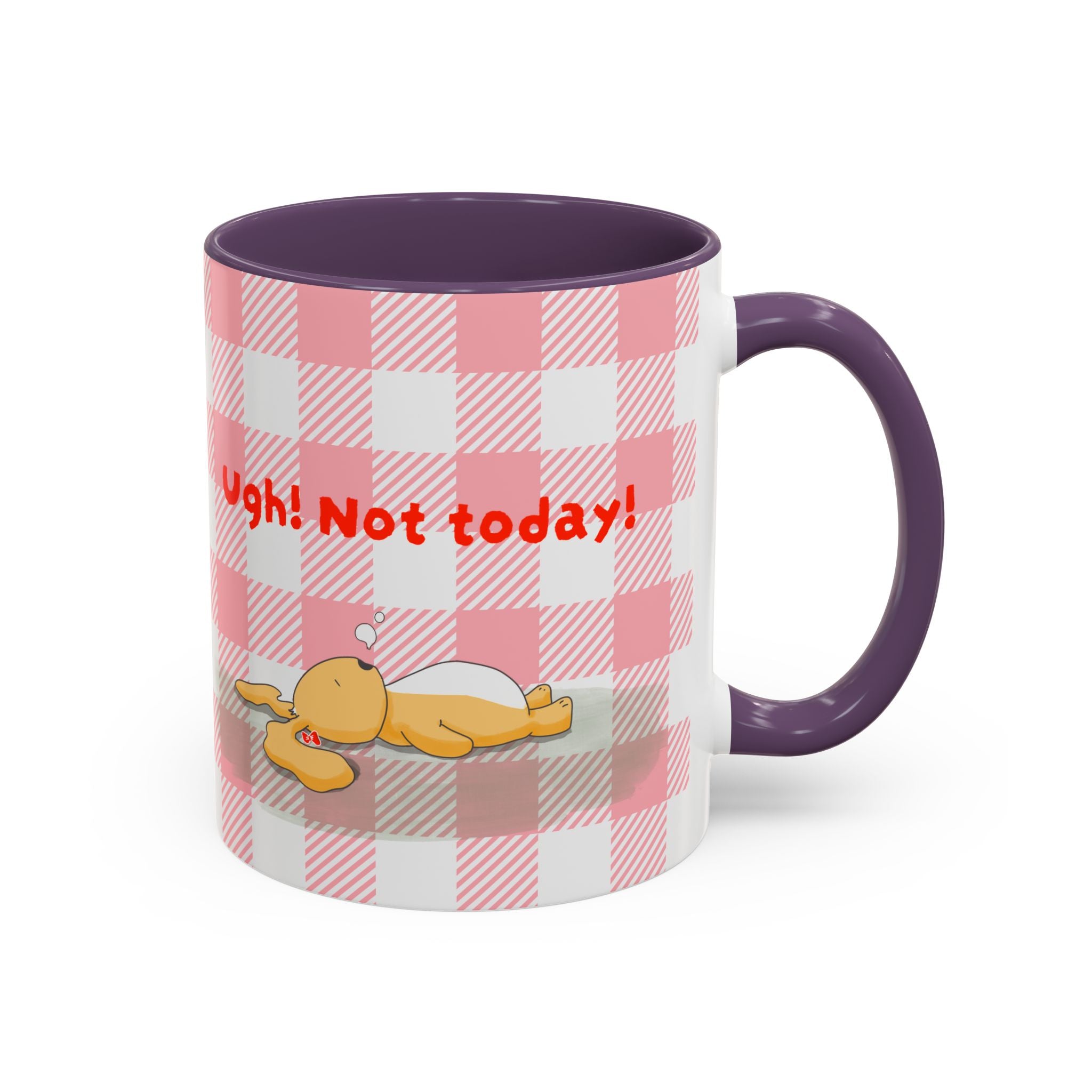 Coffee Mug — "Ugh! Not Today" Cute Lazy Bonnie Pink Check Plaid Accent Mug (11/15oz)