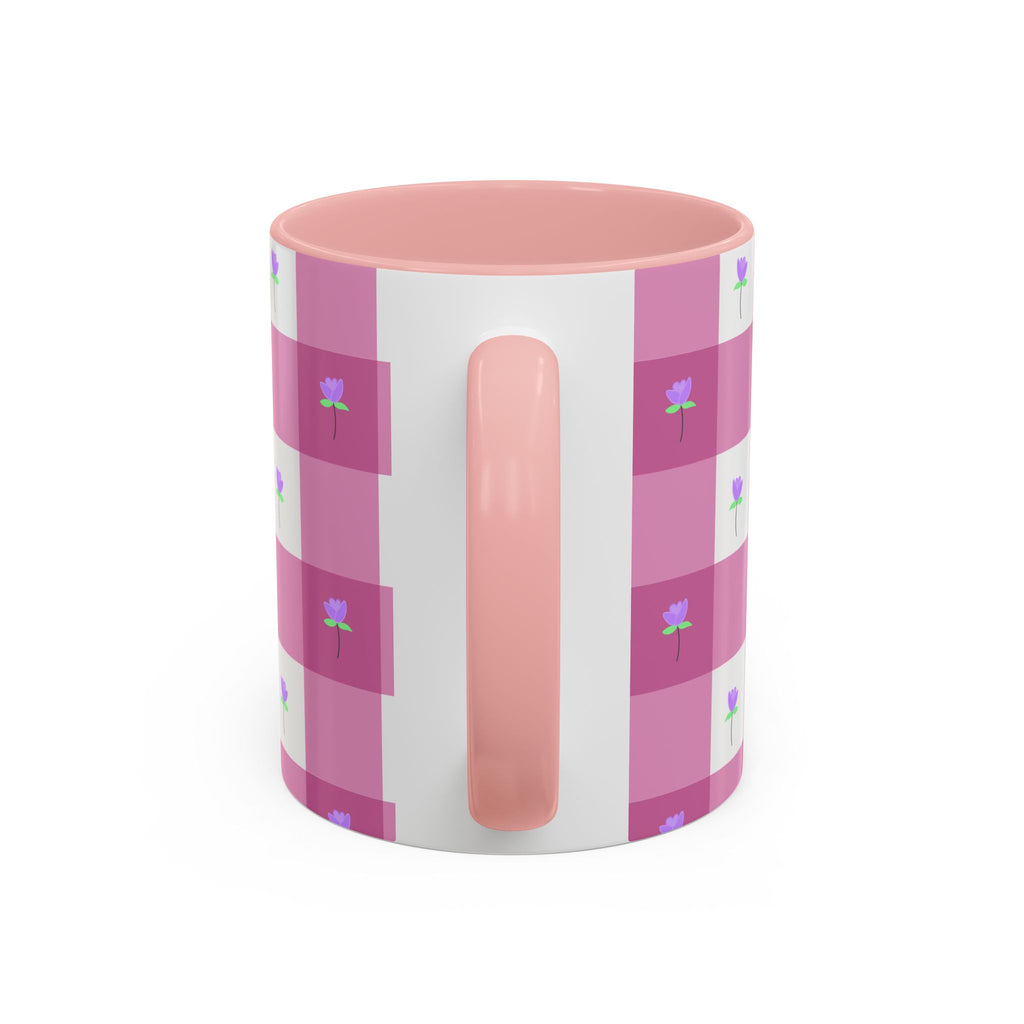 Pink Gingham Tulip Heart Floral Accent Coffee Mug – Cute Purple Rose Pattern (11/15 oz)