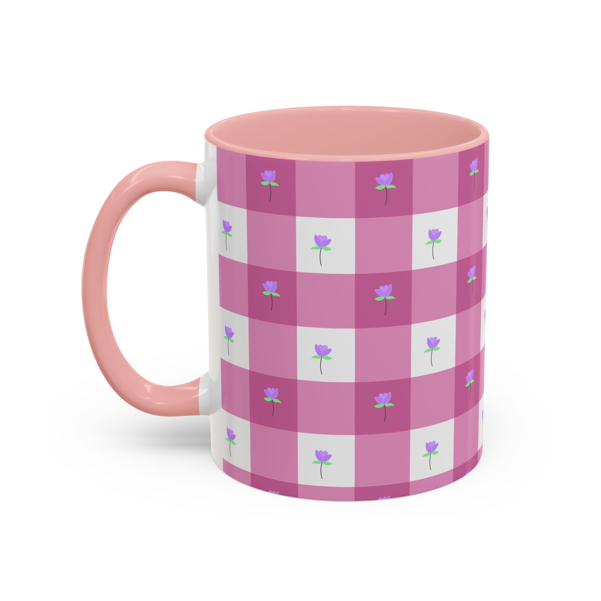 Pink Gingham Floral Tulip Accent Coffee Mug — Cute Purple Rose Pattern (11/15oz)