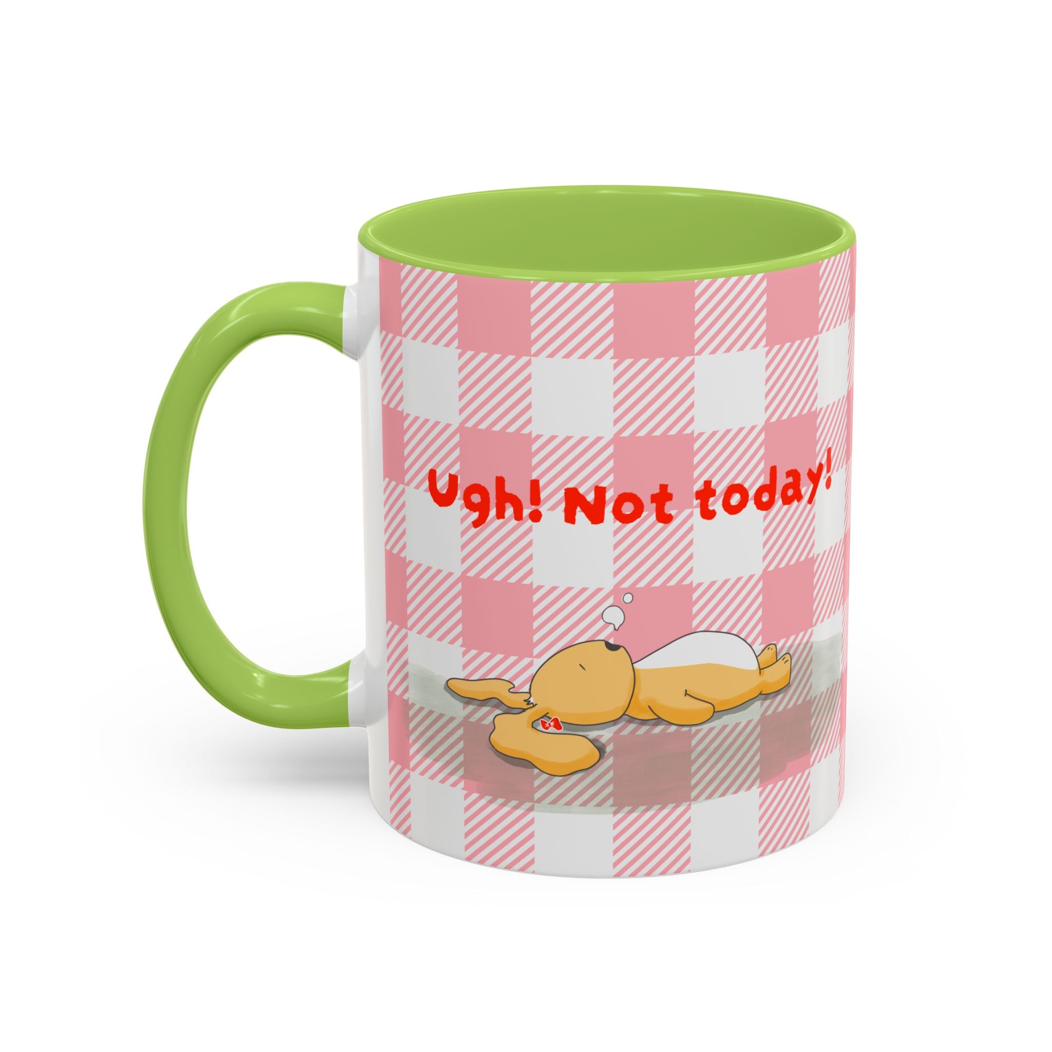 Coffee Mug — "Ugh! Not Today" Cute Lazy Bonnie Pink Check Plaid Accent Mug (11/15oz)
