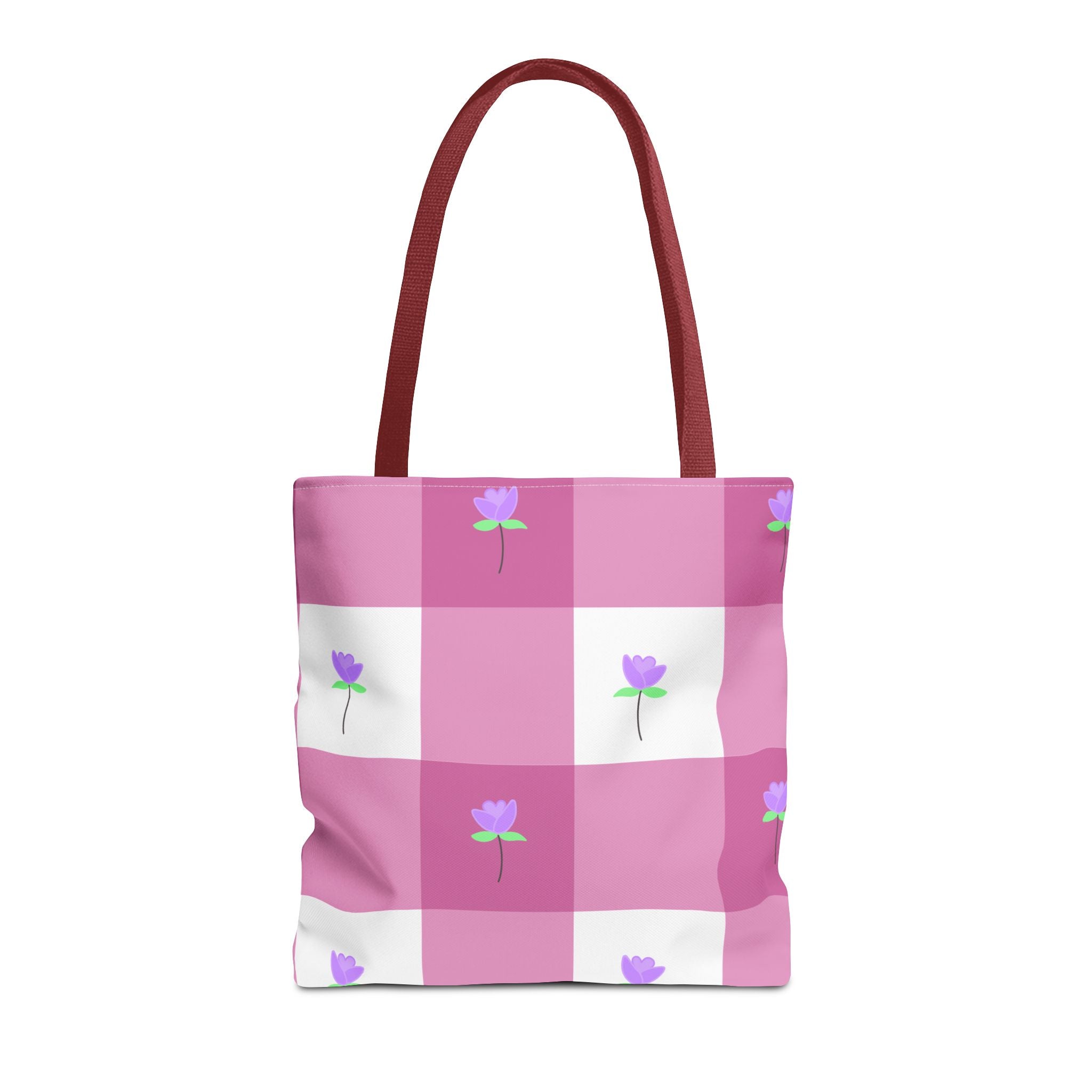 Pink Gingham Tulip Floral Tote Bag — Cute Checkered All-Over Print Tote