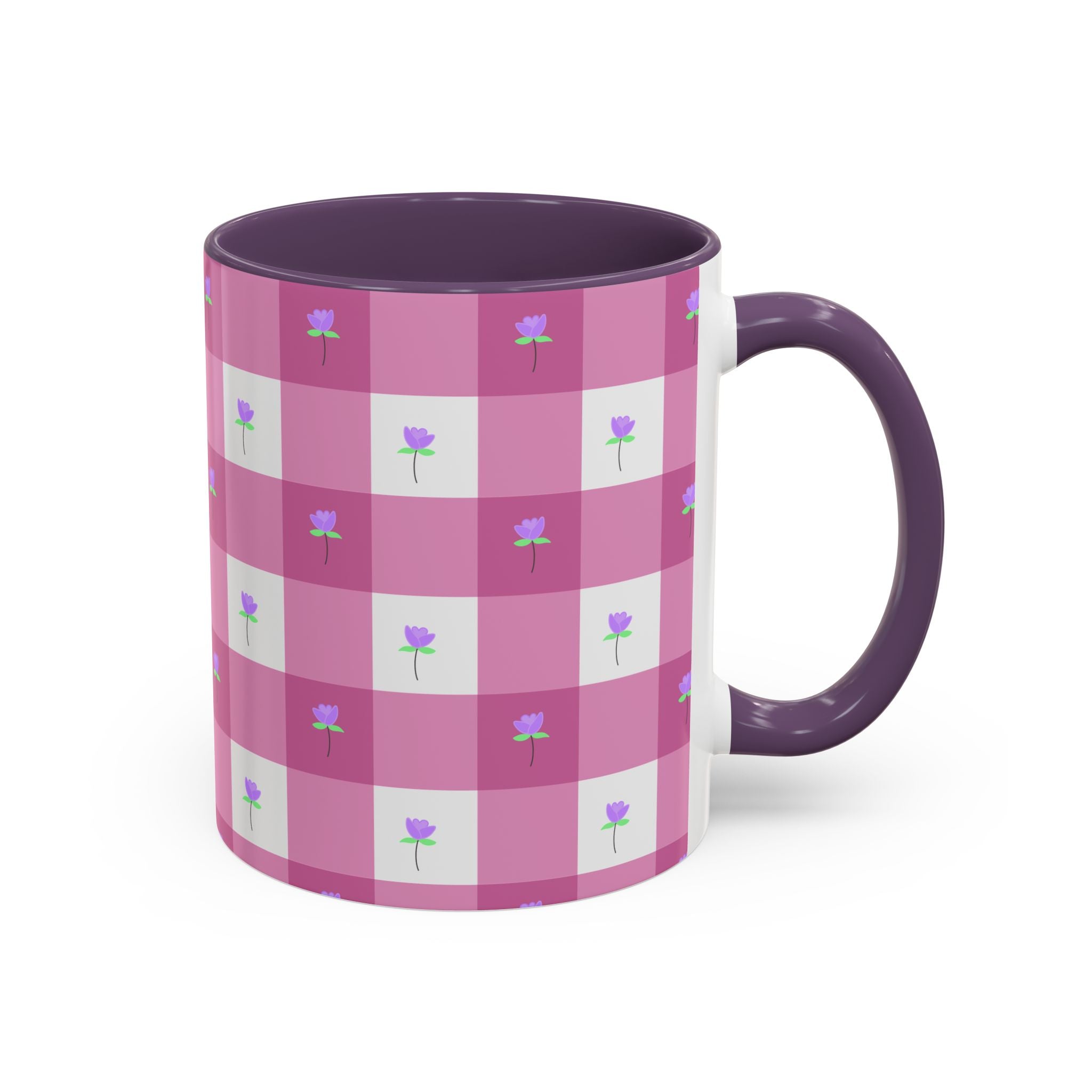 Pink Gingham Floral Tulip Accent Coffee Mug — Cute Purple Rose Pattern (11/15oz)