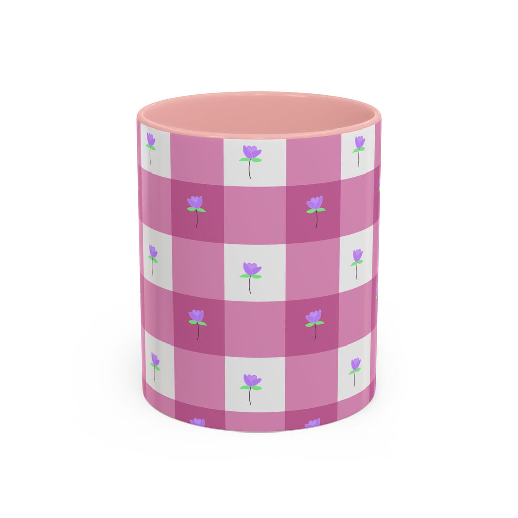 Pink Gingham Tulip Heart Floral Accent Coffee Mug – Cute Purple Rose Pattern (11/15 oz)