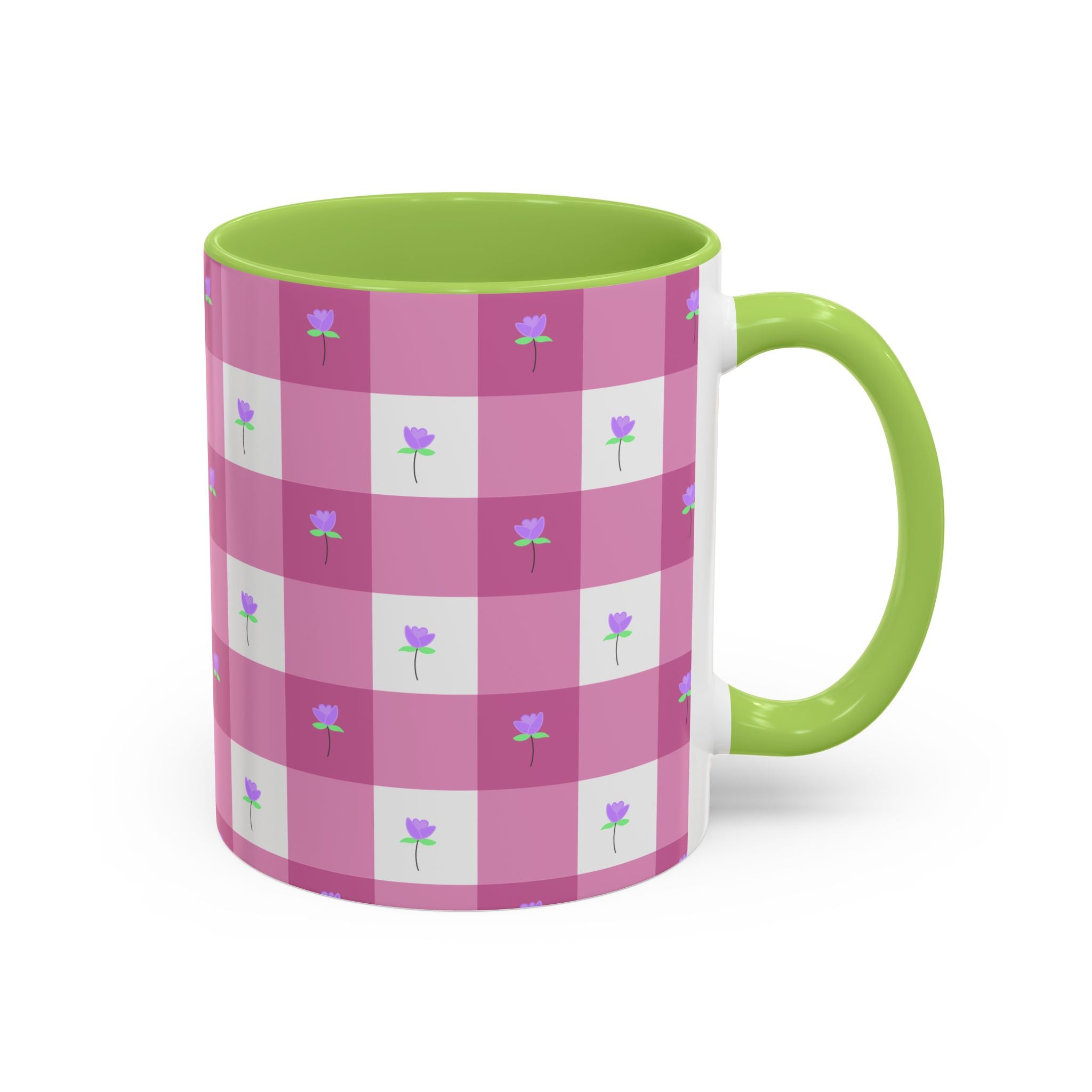 Pink Gingham Floral Tulip Accent Coffee Mug — Cute Purple Rose Pattern (11/15oz)