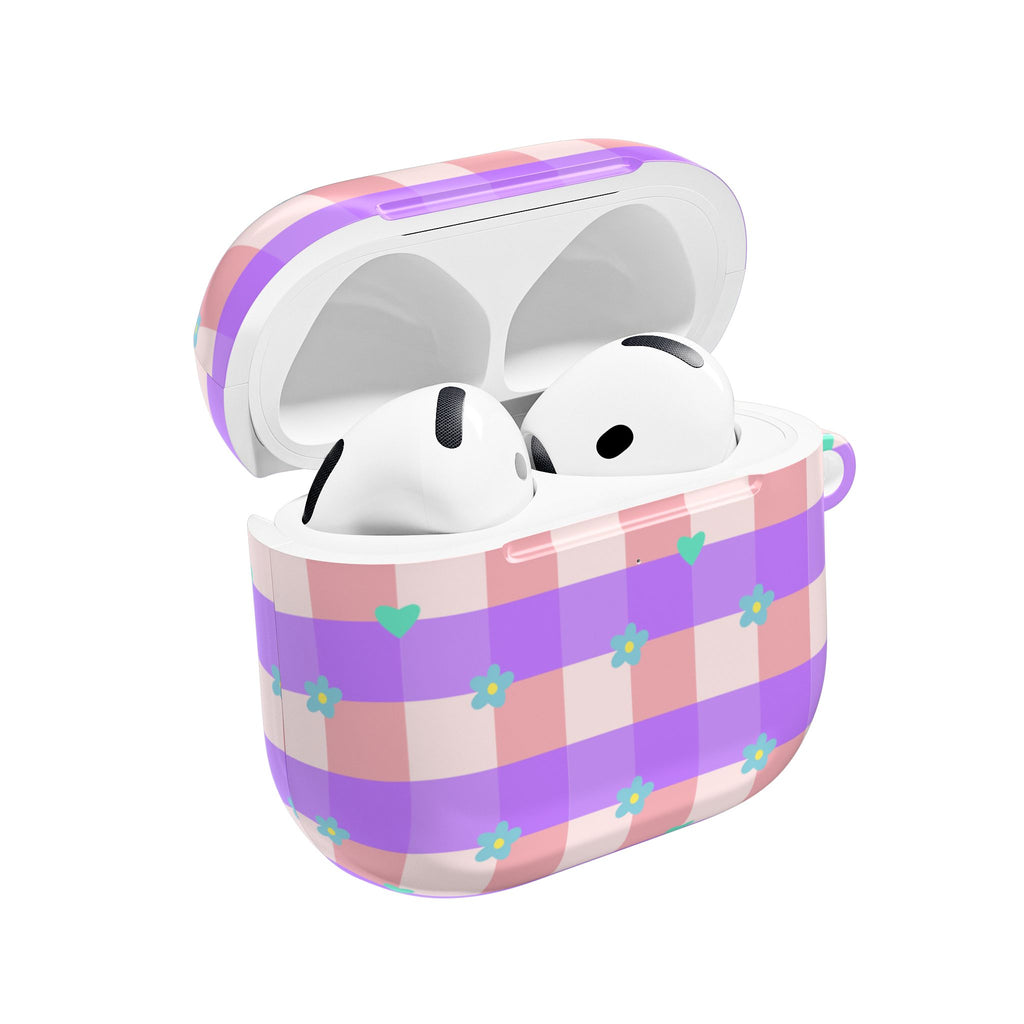 Pastel Gingham Floral AirPod Case — Purple & Pink Plaid with Tiny Flowers