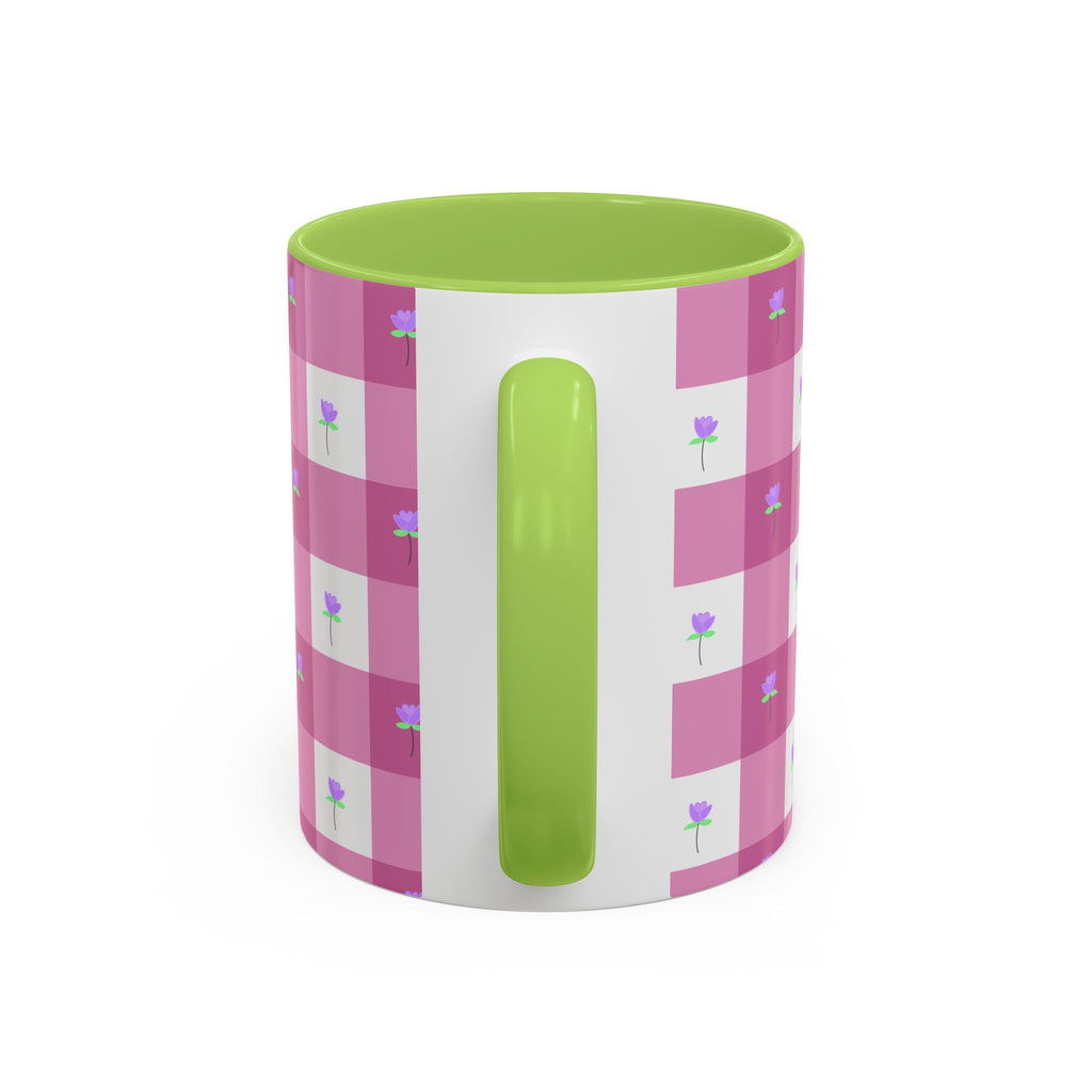 Pink Gingham Floral Tulip Accent Coffee Mug — Cute Purple Rose Pattern (11/15oz)