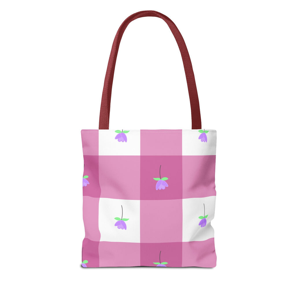 Pink Gingham Tulip Floral Tote Bag — Cute Checkered All-Over Print Tote