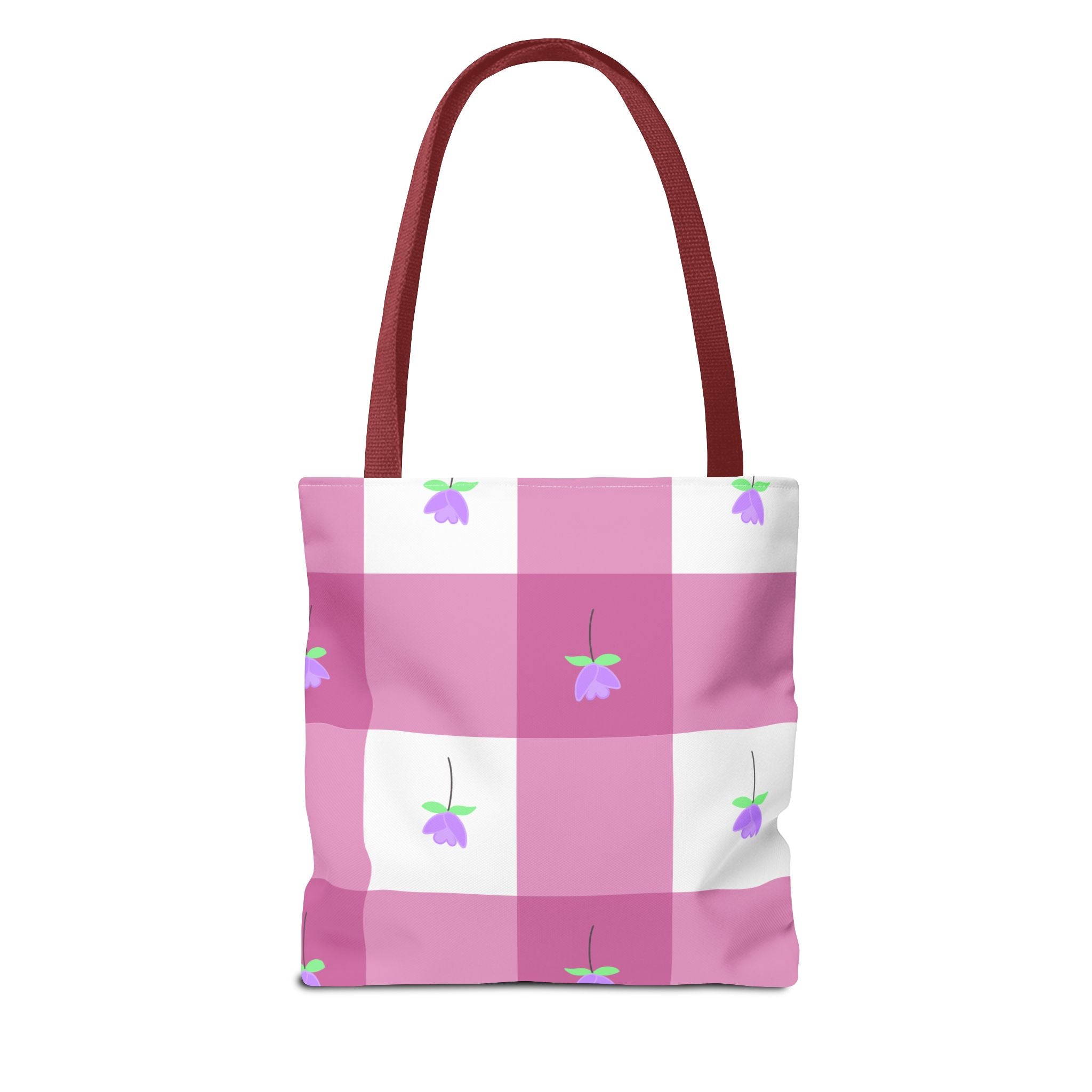 Pink Gingham Tulip Floral Tote Bag — Cute Checkered All-Over Print Tote