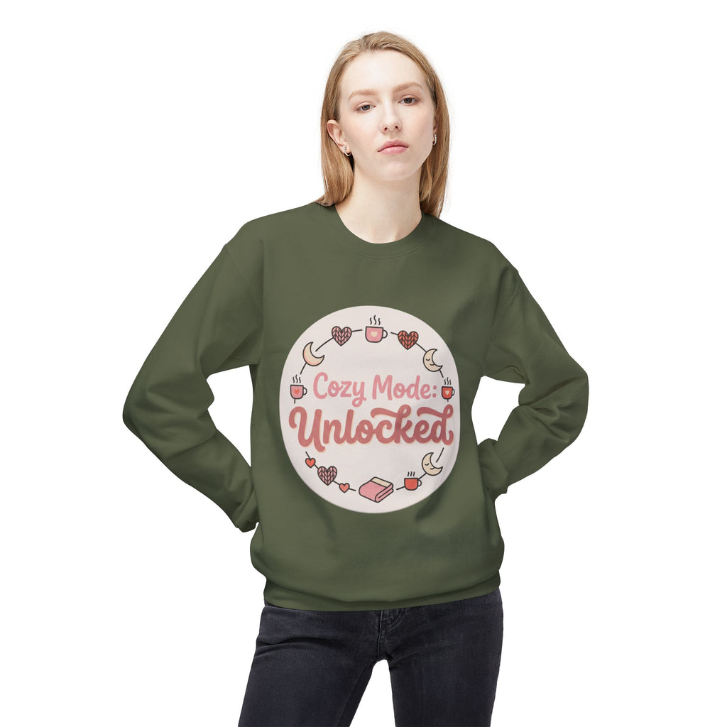 Crewneck Sweatshirt — "Cozy Mode: Unlocked" Cute Pastel Lounge Pullover