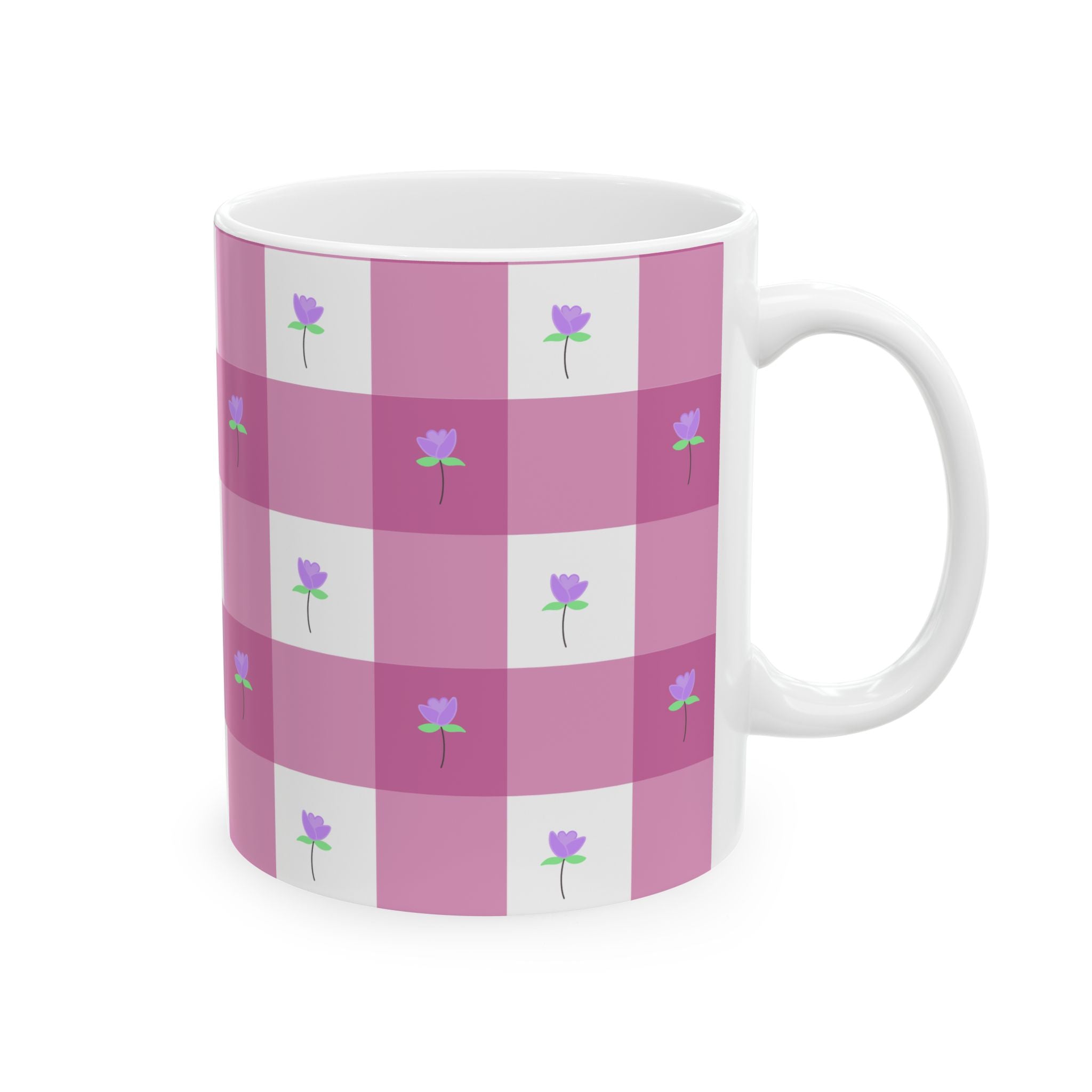 Pink Gingham FloralTulip Ceramic Mug (11oz & 15oz) - Cute Tulip Pattern