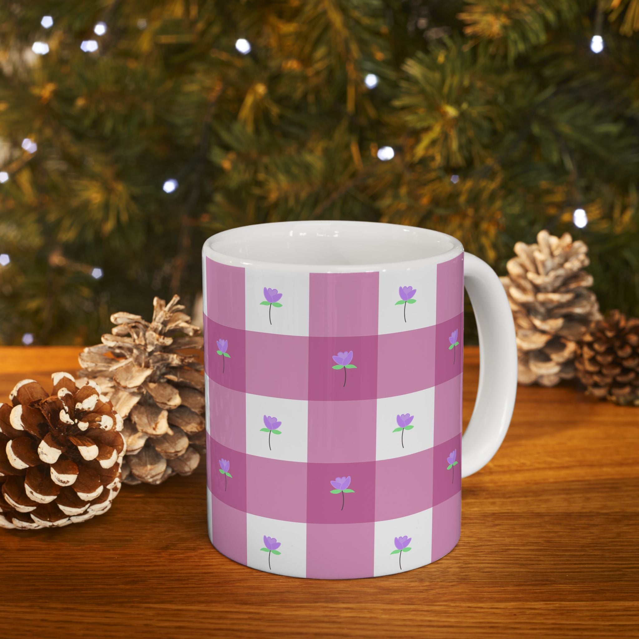Pink Gingham FloralTulip Ceramic Mug (11oz & 15oz) - Cute Tulip Pattern