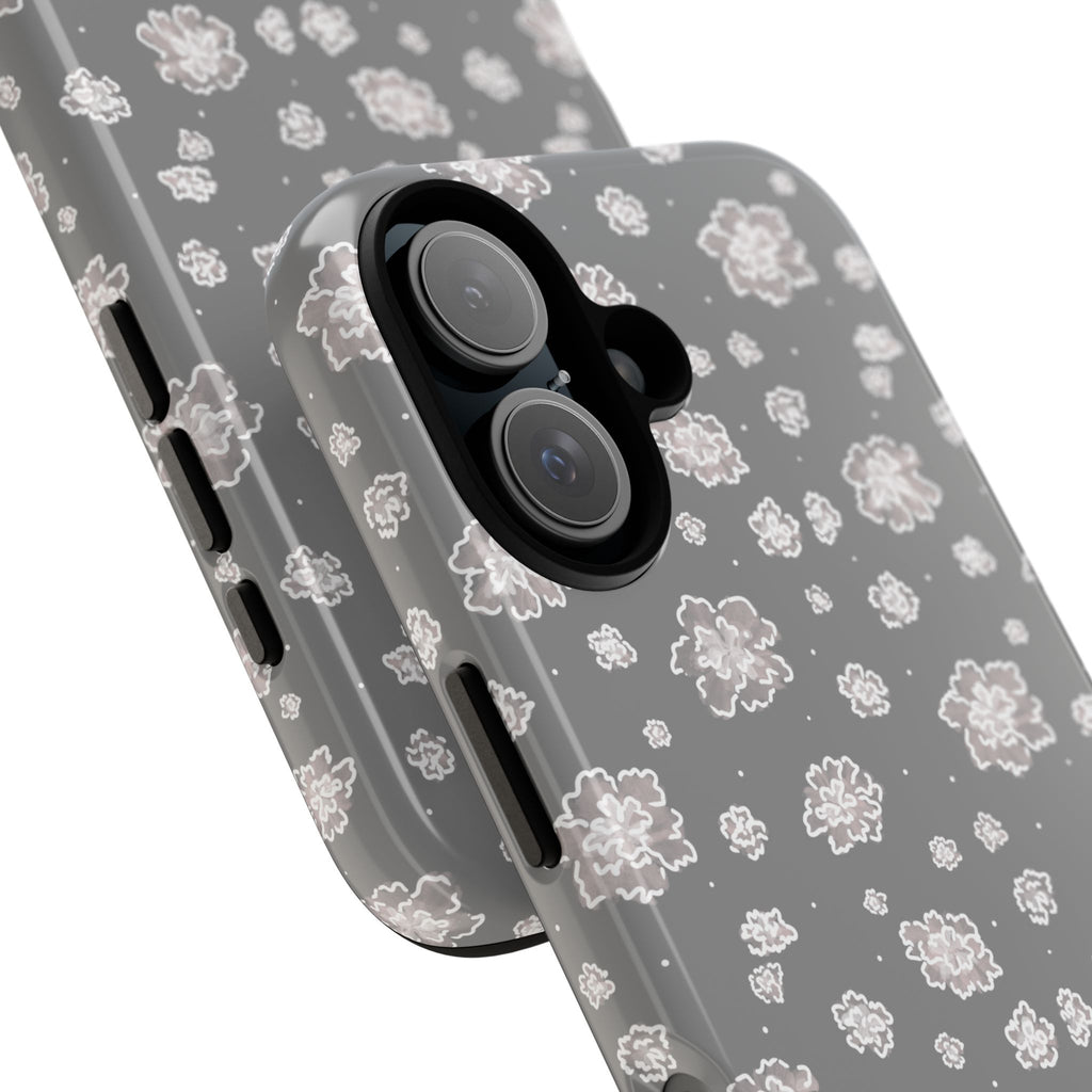 Floral Grey Tough Phone Case – Protective Slim Case with White Blossom Pattern