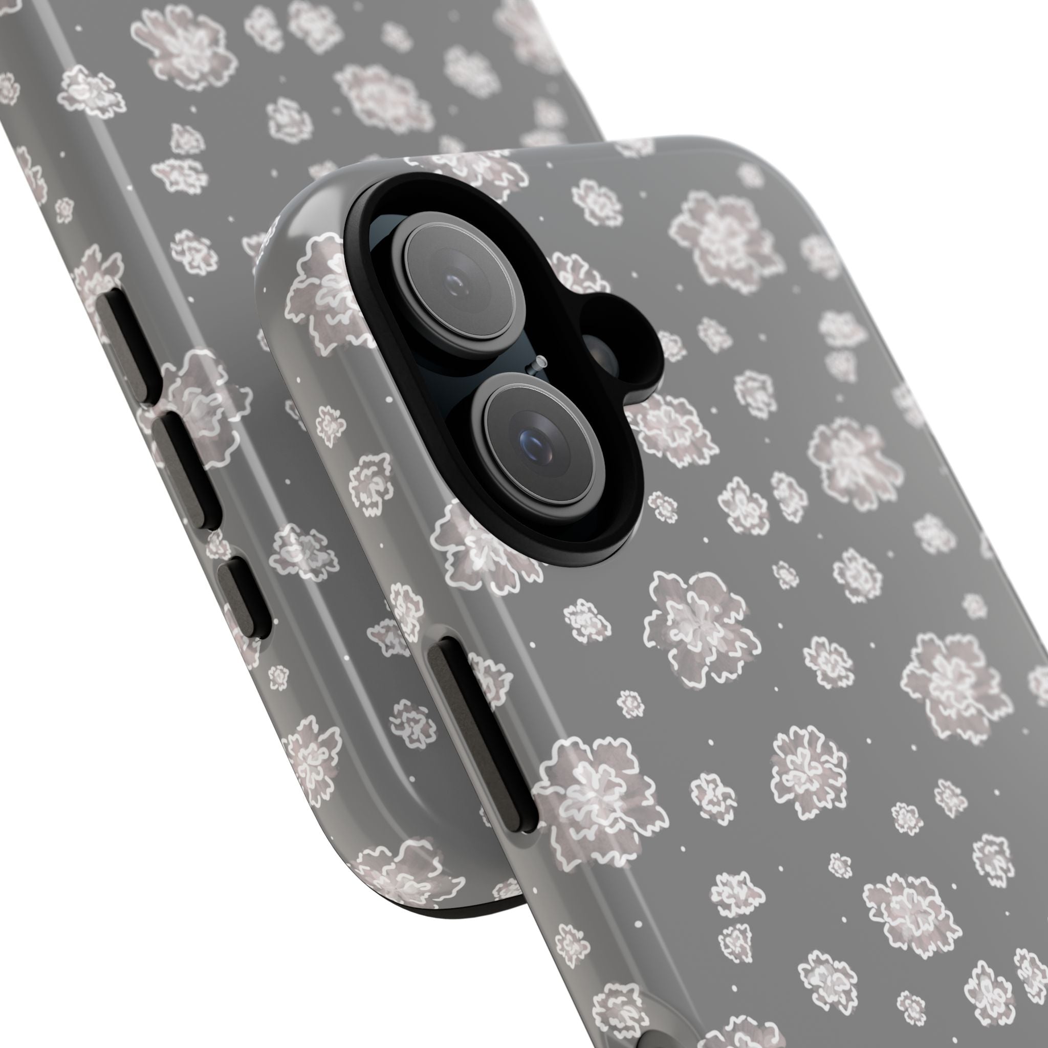 Floral Grey Tough Phone Case – Protective Slim Case with White Blossom Pattern