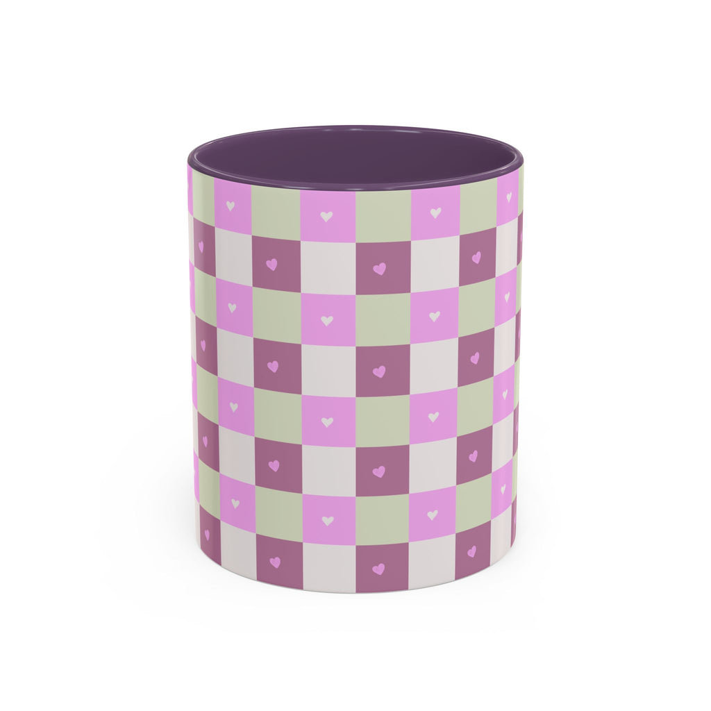 Purple Heart Gingham Coffee Mug — Pink & Lavender Ceramic