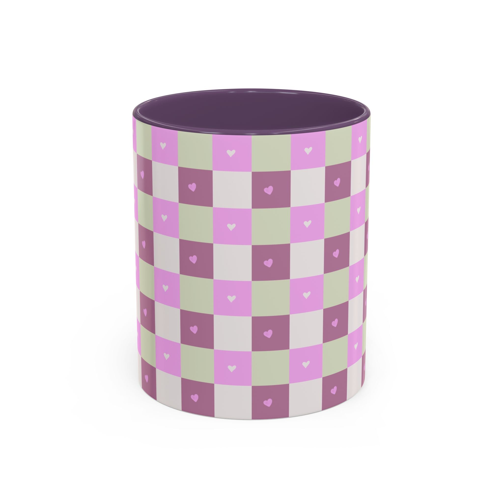 Purple Heart Gingham Coffee Mug — Pink & Lavender Ceramic