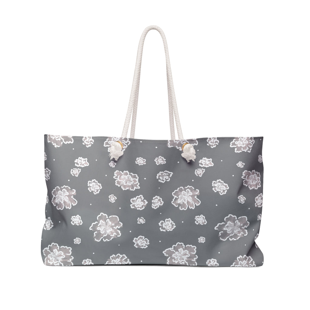 Grey Floral Weekender Bag – Spacious Travel Tote with Rope Handles
