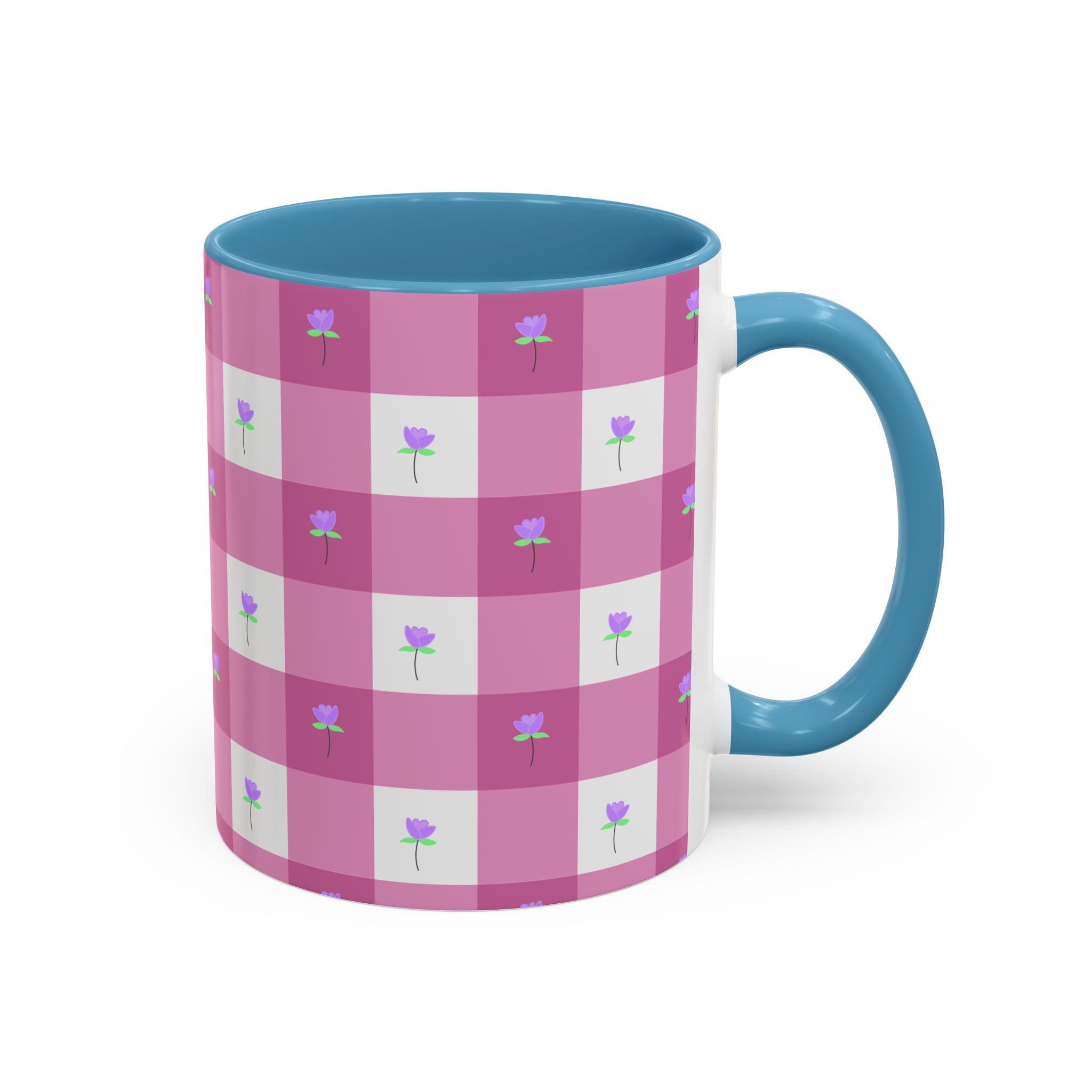 Pink Gingham Floral Tulip Accent Coffee Mug — Cute Purple Rose Pattern (11/15oz)